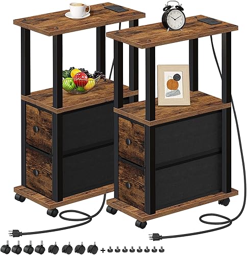 TUTOTAK Mesas pequeñas estrechas, mesas auxiliares con 2 cajones de tela, juego de 2, mesitas de noche con estación de carga para espacios pequeños,