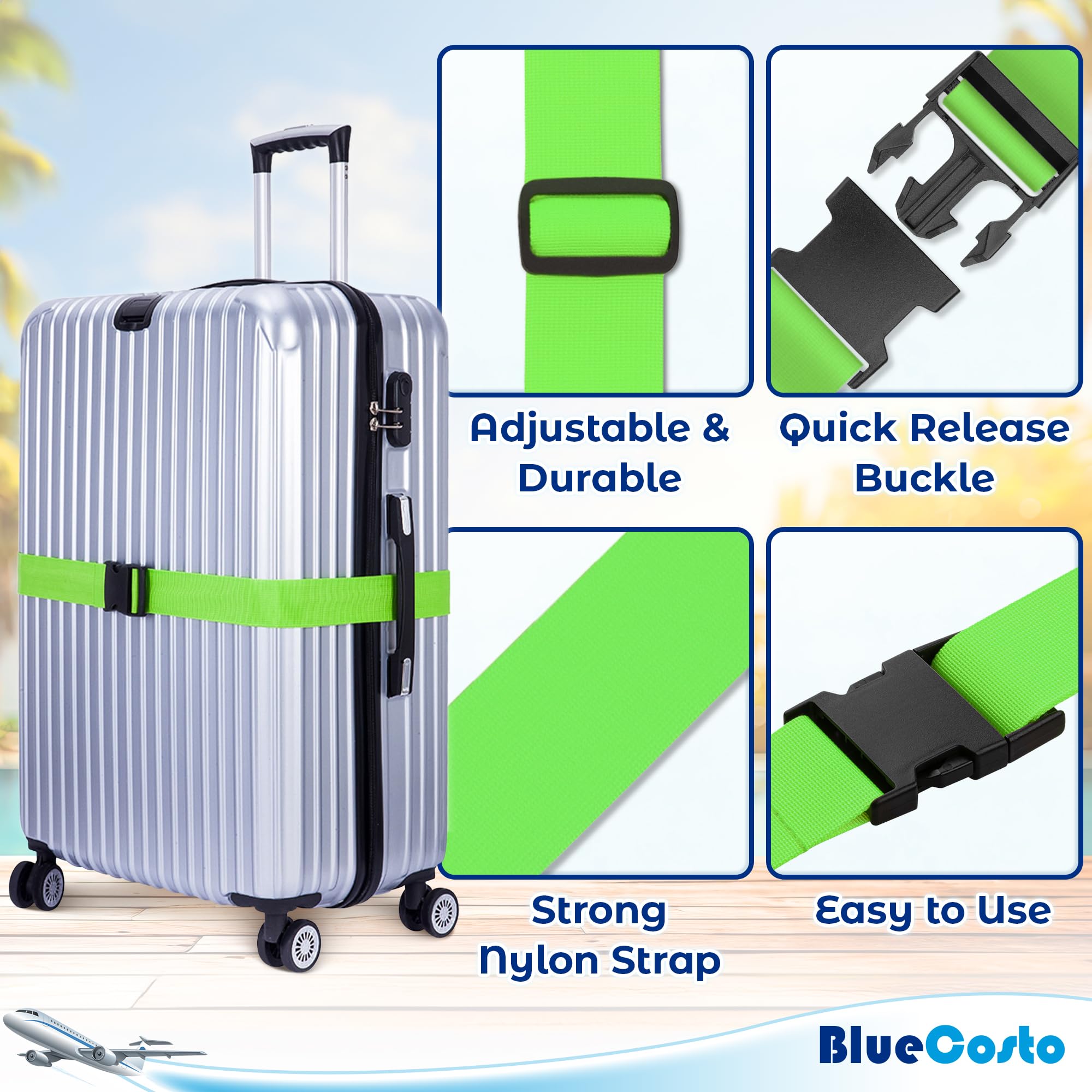 Luggage Straps for Suitcases - Neon Green, 4 Pack - Premium Nylon Belts for Luggage Security - Adjustable Length 1-2 metres - by BlueCosto