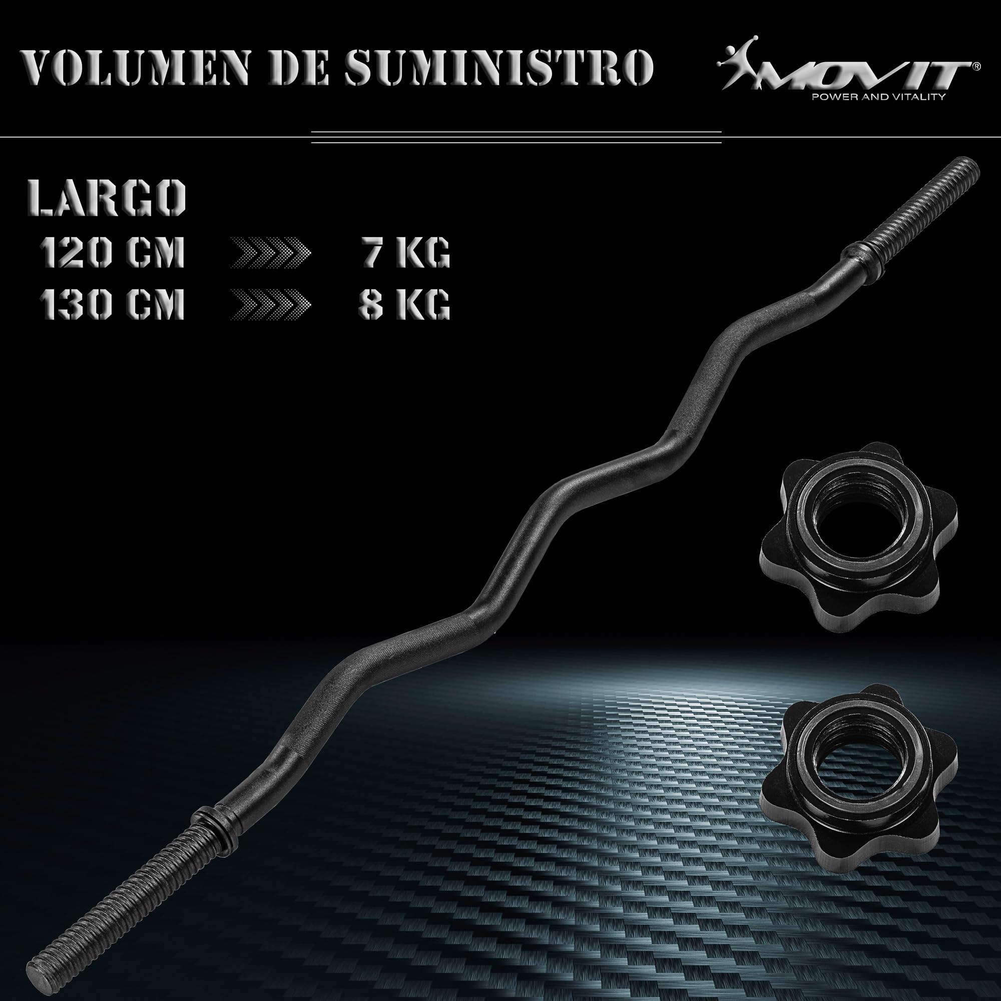 MOVIT barra de curl profesional SZ, 30mm ESTÁNDAR, a elegir: 120cm (7kg) o 130cm (8kg), cromada o negra, bloqueo de estrella o bloqueo de muelle