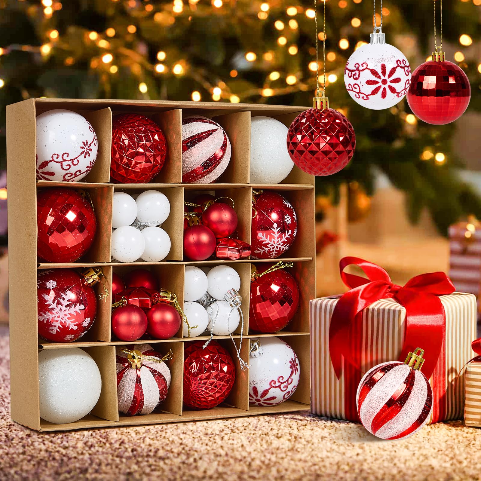 Fuyuleyo 44Pcs Christmas Baubles, Red and White Christmas Tree Decorations Set - Image 3