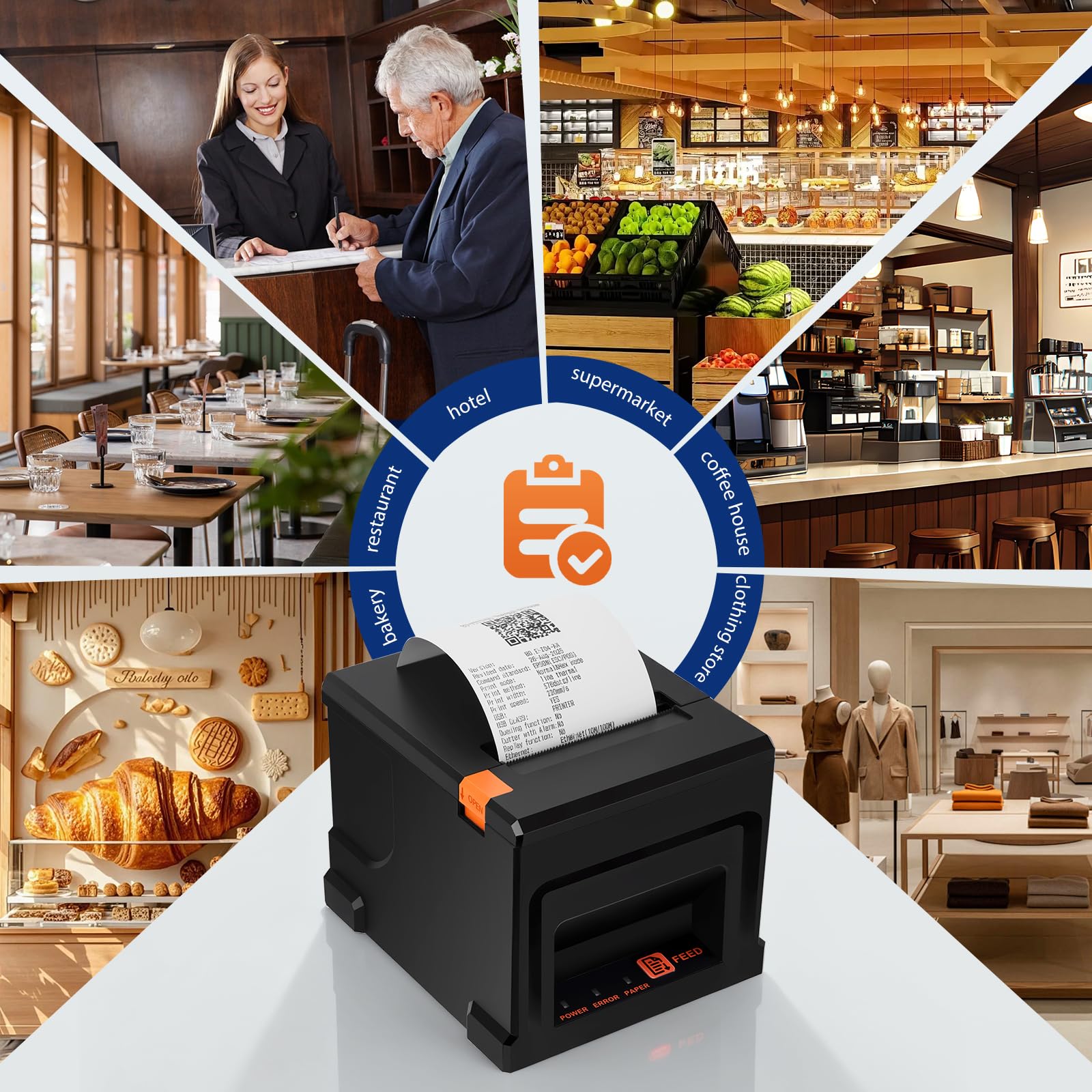 Stampante, Termica Mini Senza Cartucce Stampante Scontrini POS Scontrini 80Mm Taglierina Automatica Supporto Per Cassetto Contanti Interfaccia USB/Ethernet Compatibile Con Windows/MAC/Linux (ESC/POS)