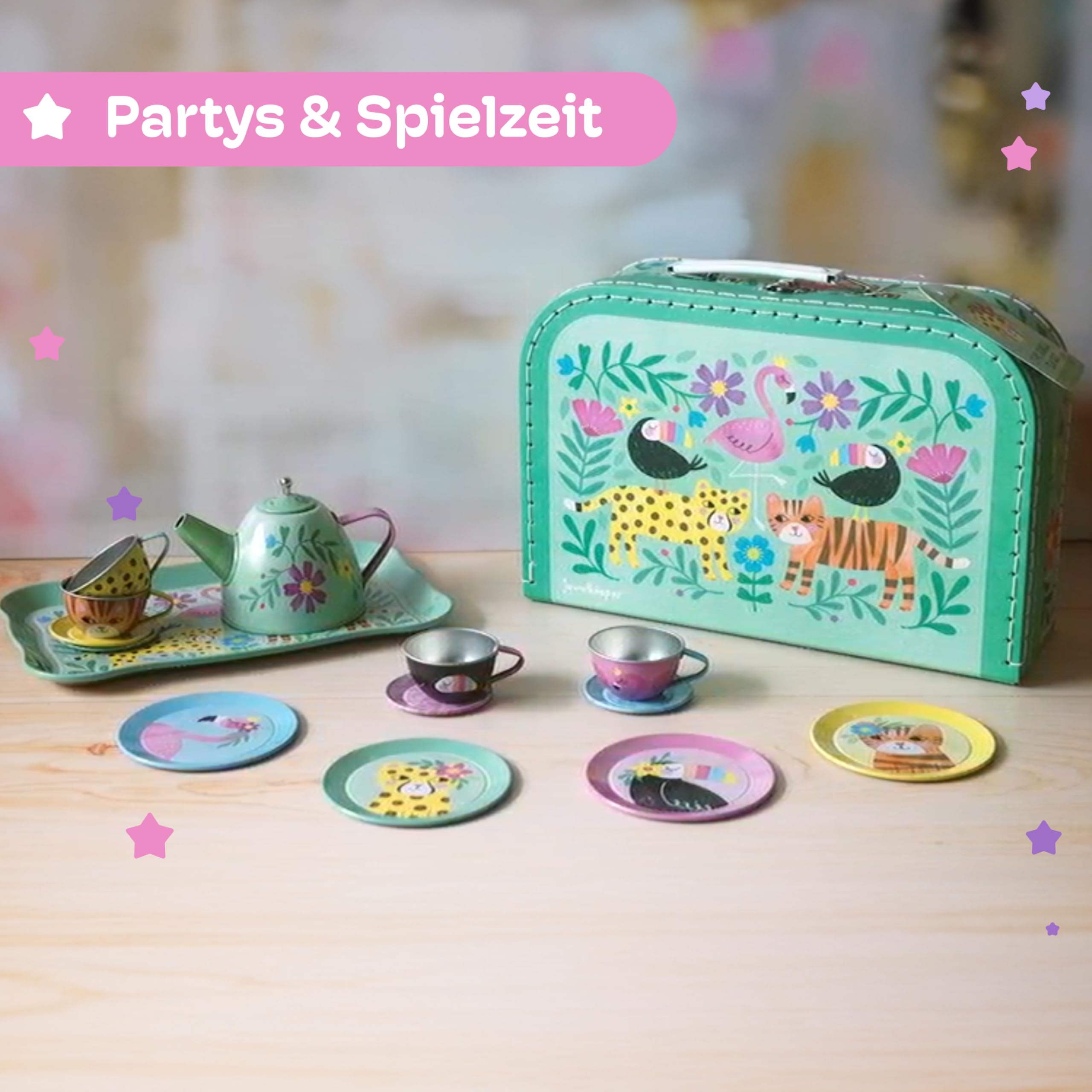 Jewelkeeper Teeservice für Kinder - Safari Design Kinder Teeservice, 15-teiliges Kindergeschirr für Spielküche und Kaffeekränzchen - Robuste Zinn-Konstruktion mit Tragetasche