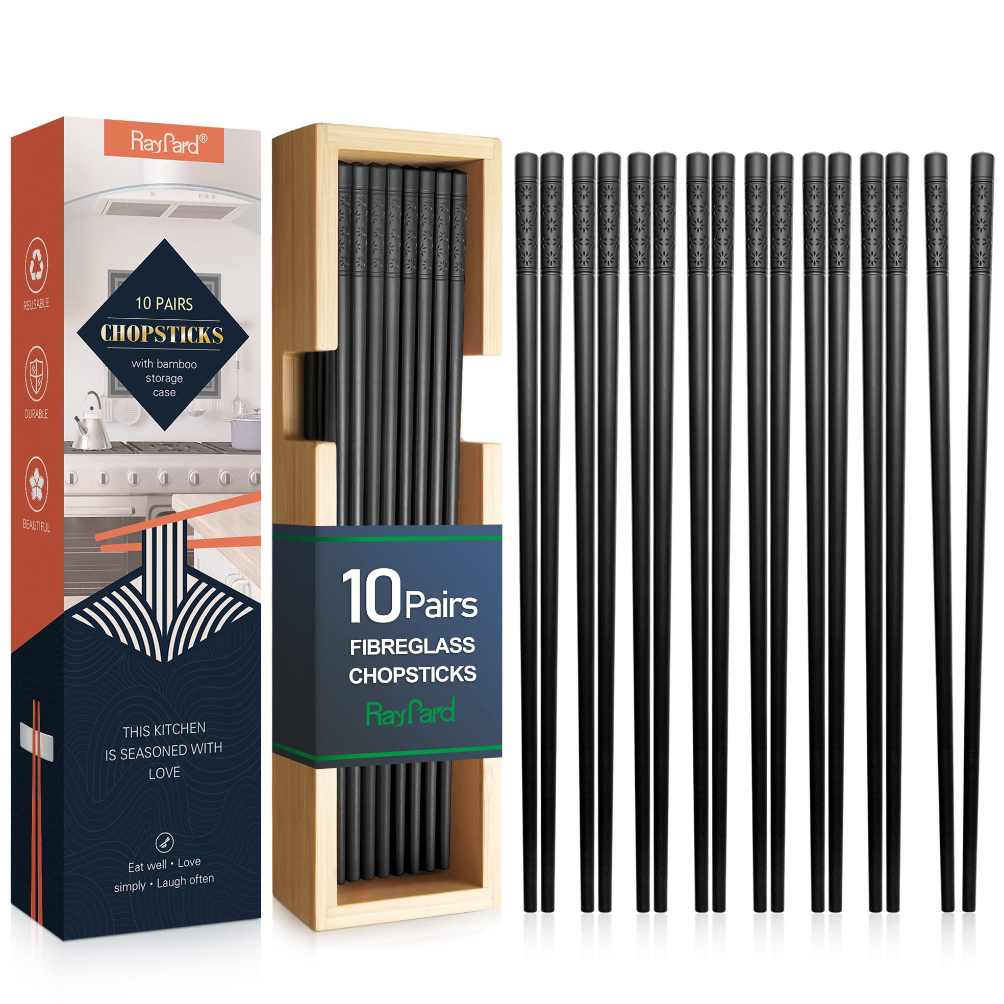 Photo 1 of 10 Pairs of Sushi Chopsticks, Reusable Fibreglass Chopsticks with Bamboo Storage Box, Dishwasher Safe, Washable, Lightweight Non-slip Chinese Tableware Set Black