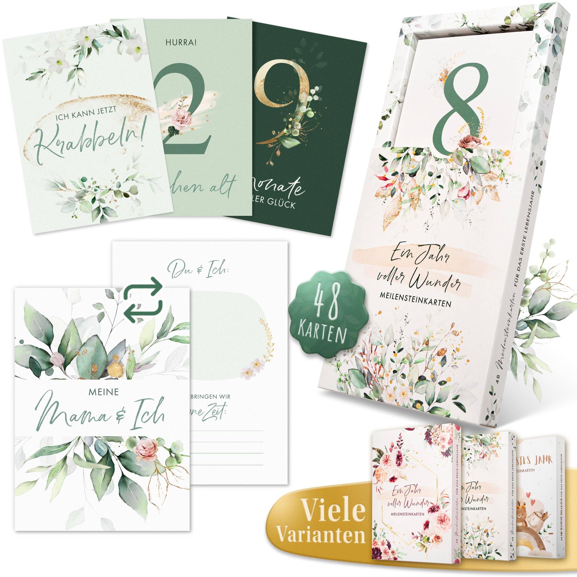 EULENTALER® Monatskarten Baby 1-12 Monate I Von Pädagogen gestaltet I Meilensteinkarten "Mein erstes Jahr" Set als Geschenk zur Geburt & Babyparty I 48 Karten Inkl. Geschenkbox für Jungen & Mädchen
