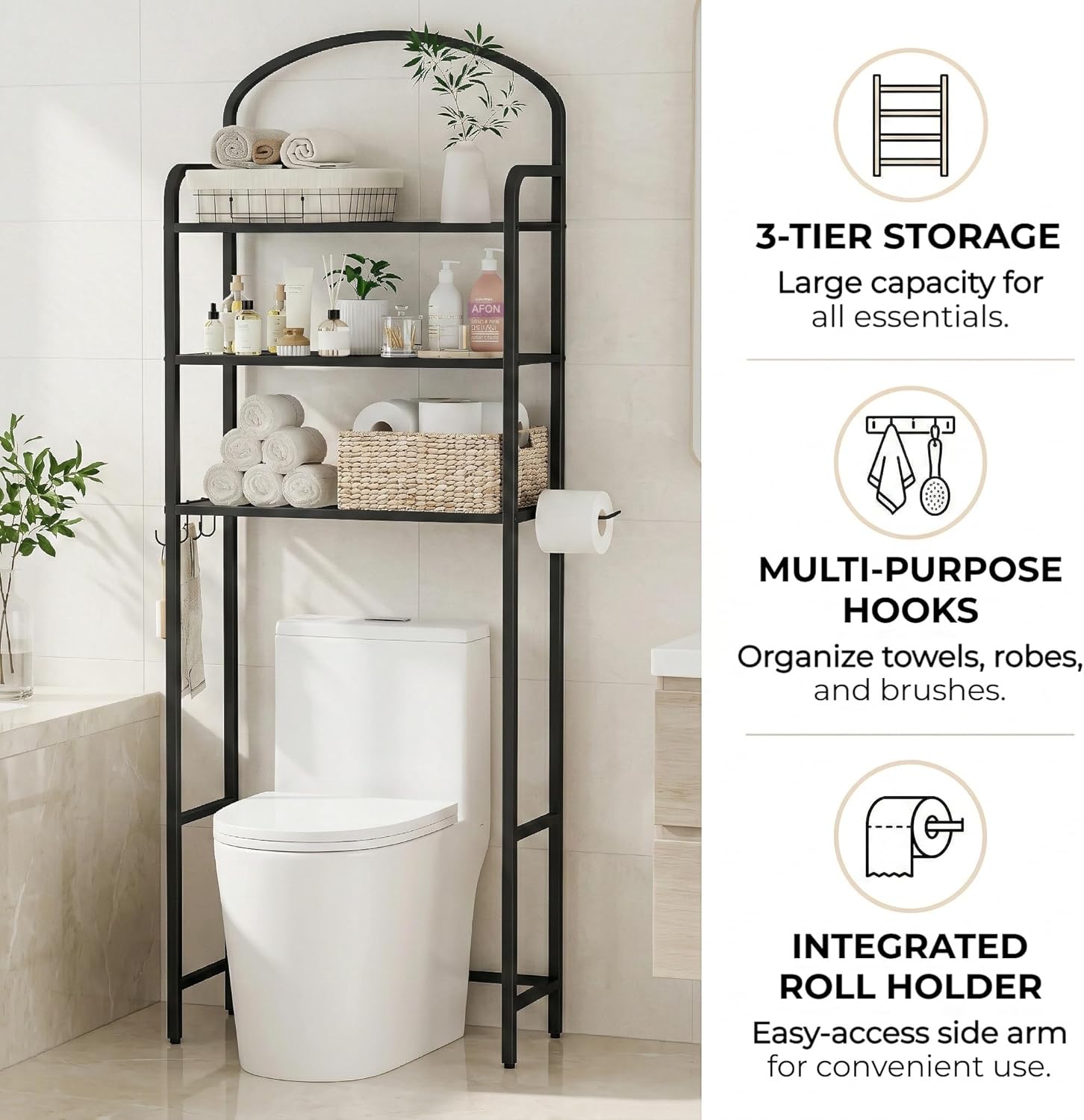 3-Tier Over The Toilet Storage, Bathroom Organizer, Space-Saving, Above Toilet Storage Rack with 4 Hooks and Paper Holder, Metal Shelf, Black