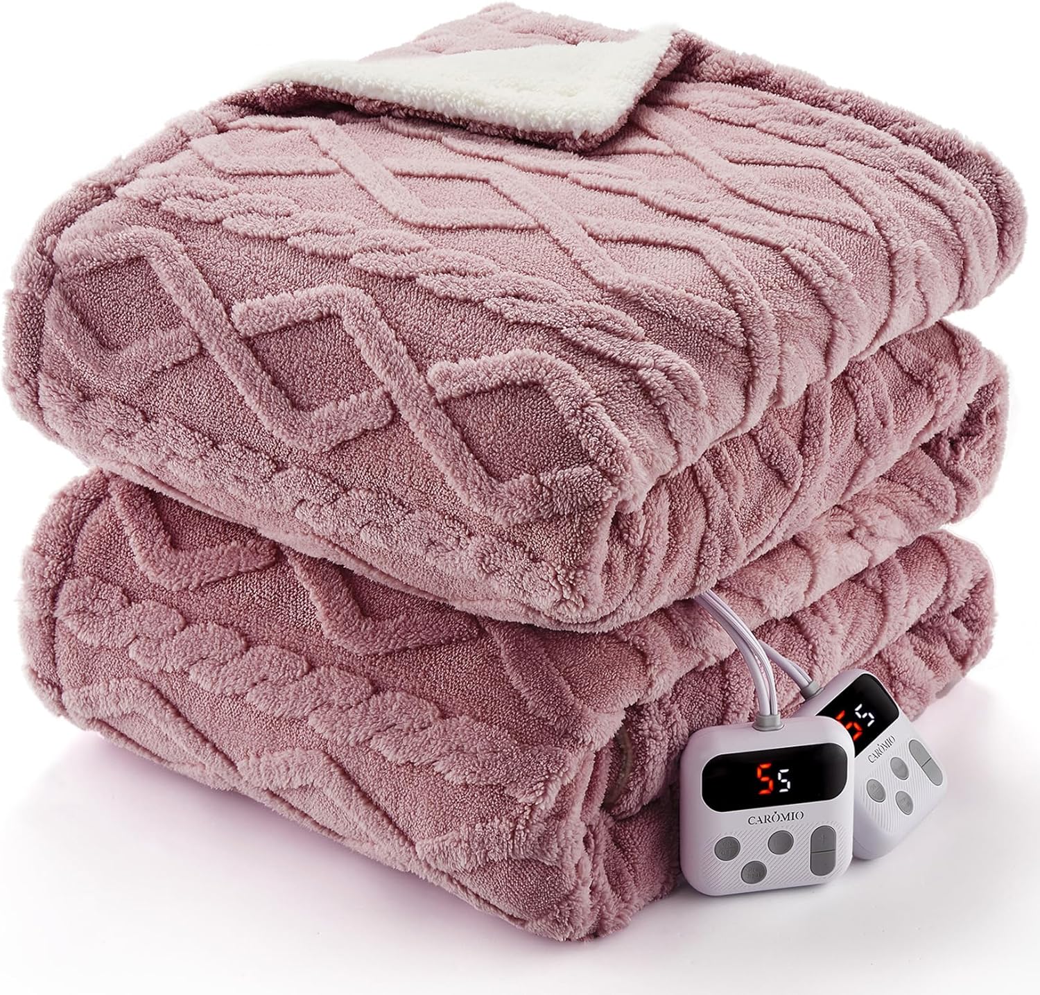 CAROMIO Electric Blanket Queen Size Dual Control - Thick Tufted Sherpa Heated Blanket Queen with 10 Heat Levels and 10 Time Settings, ETL Certified Fast Heating Blanket Queen Size 84"×90", Dusty Pink