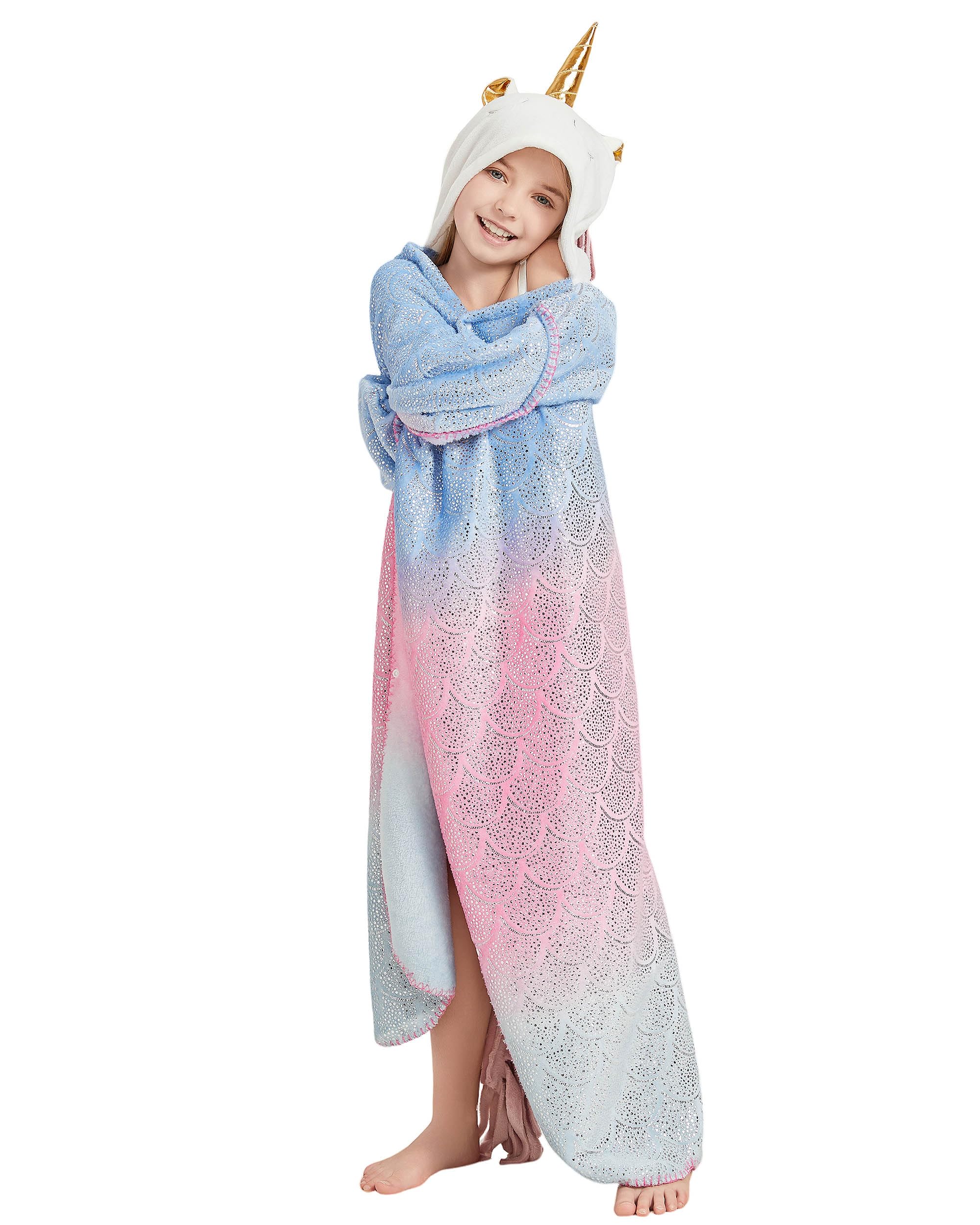 Unicorn Wearable Hooded Blanket for Girls, Cozy Flannel Hoodie Throw Cloak Wrap with Rainbow Ombre Glittering Fish Scale Design, Christmas Birthday Mermaid+Unicorn Gifts for Daughter