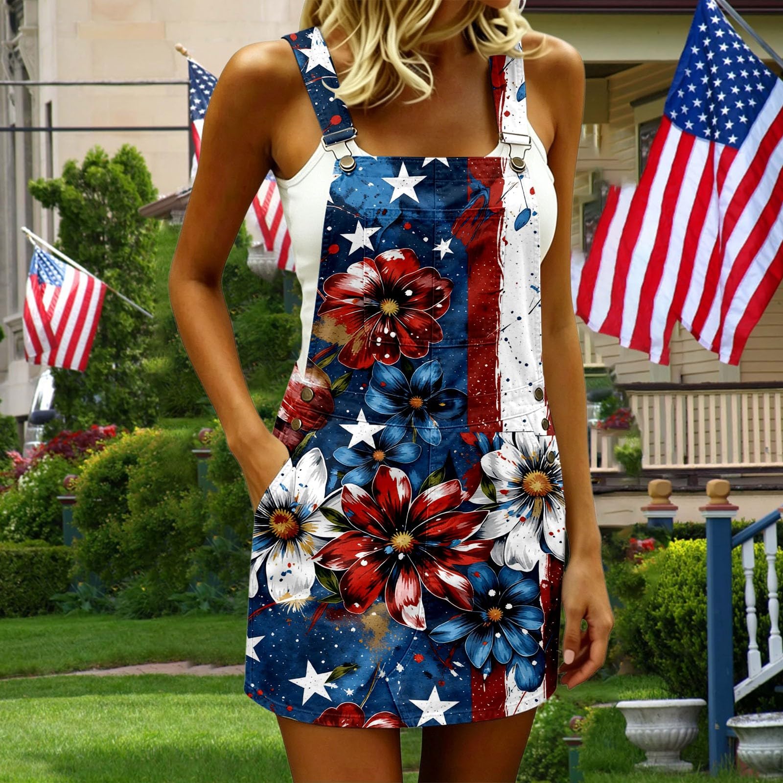2026 Robuste Independence Day Jumpsuit pour Femme Tendance Estivale Décontractée sans Manches Imprimé Bretelles