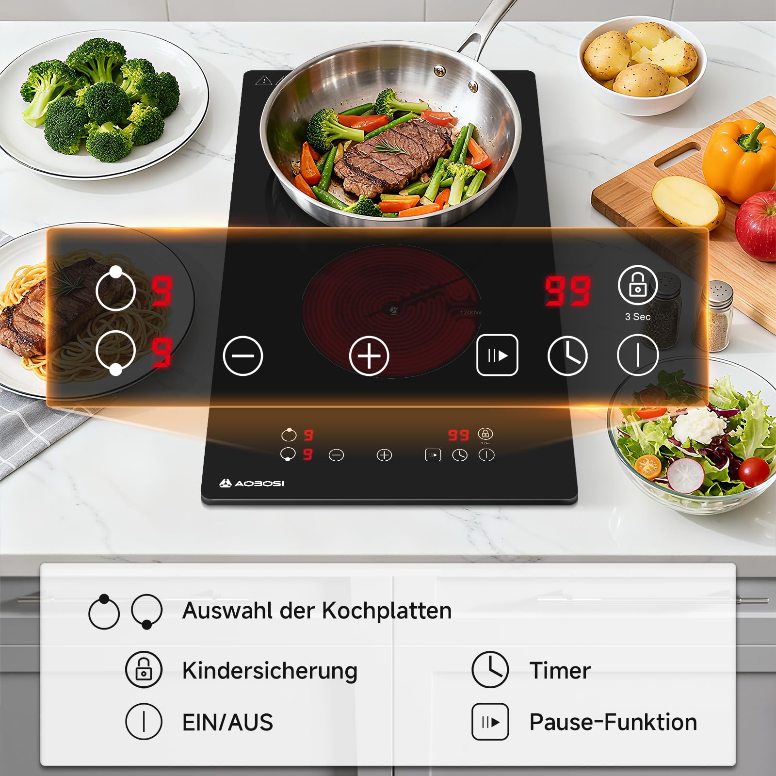 Aobosi Glaskeramikkochfeld 2 Platten, Domino Kochfeld mit Touch-Steuerung, Kindersicherung, 3000W