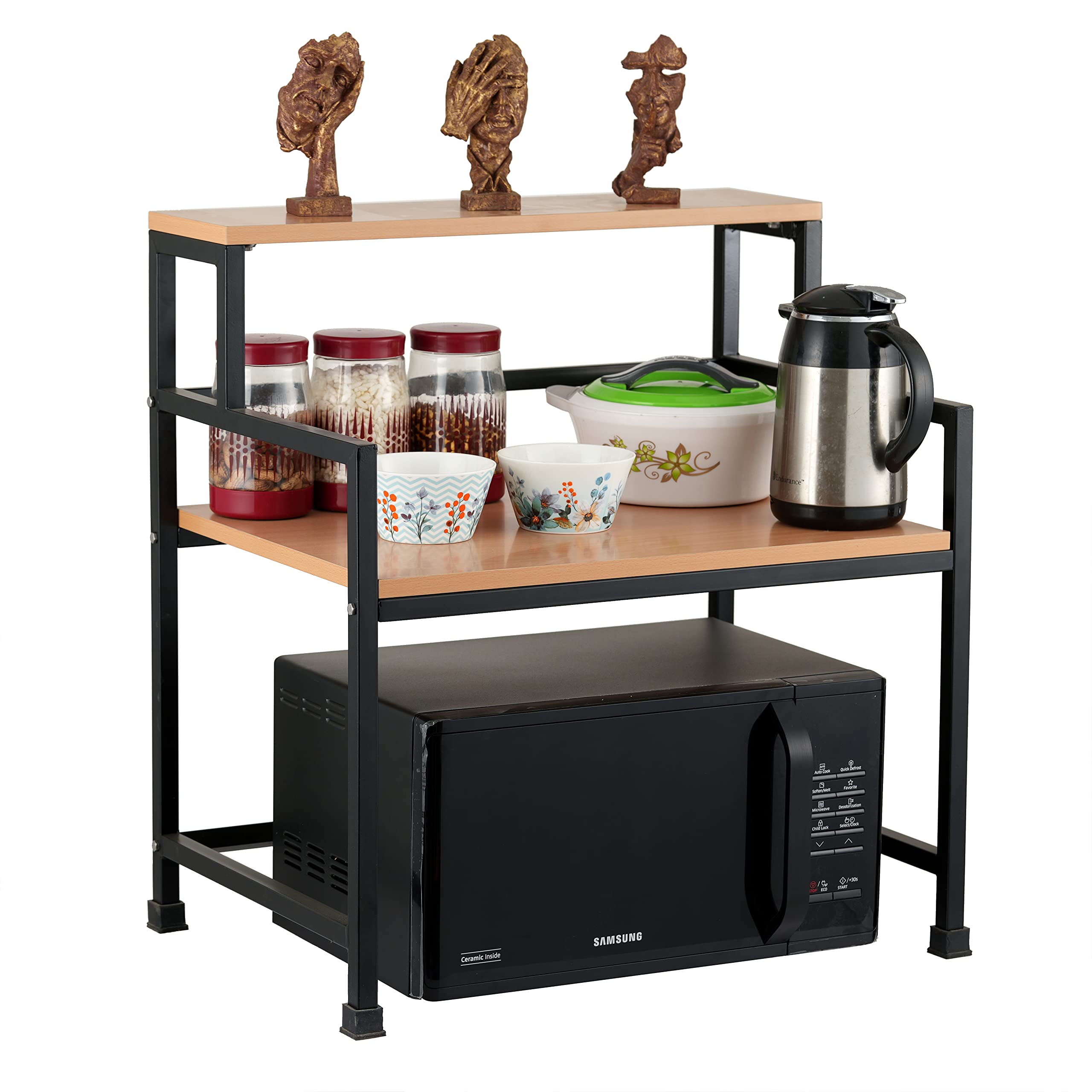 EQUAL 3-Tier Mild Steel & MDF Premium Microwave Oven Stand/Kitchen Storage Shelf/Kitchen Storage Rack for Kitchen - Made in India (Bavarian Beech and Black/60x43cm)