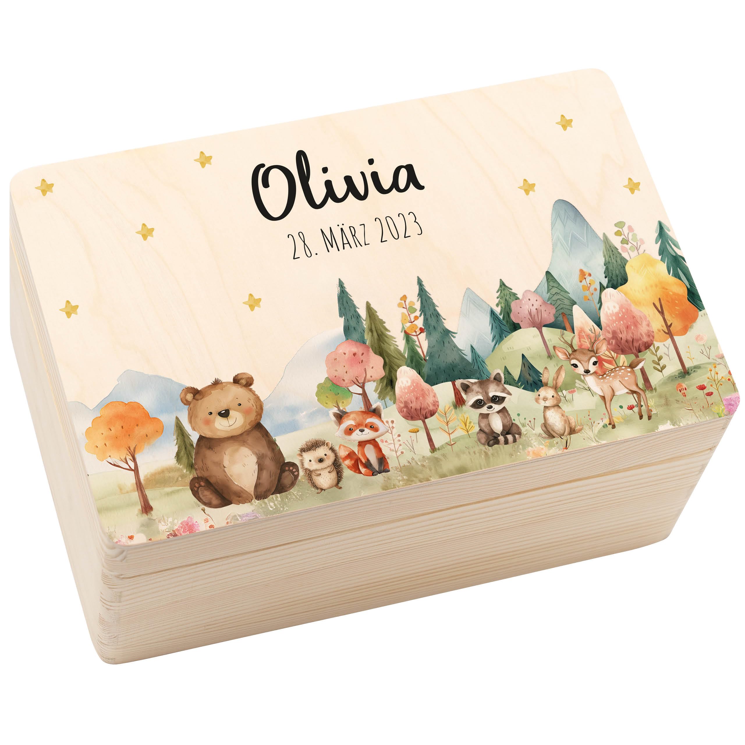 Geschenkfreude Erinnerungsbox Baby Personalisiert - 30x20x14cm - UV-Druck - Individuelle Aufbewahrungsbox - Erinnerungskiste aus Holz - Einzigartige Geschenke zur Geburt - Waldfreunde Lichtung