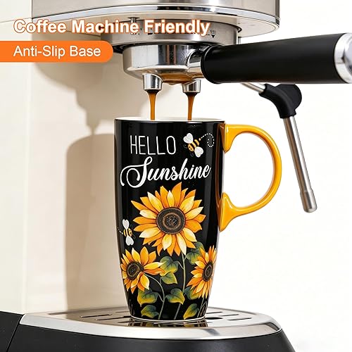 Miniatura 2 de Taza de viaje de cerámica de girasol de Topadorn con tapa y caja de regalo a juego, taza de café latte, 17oz. Hola, sol