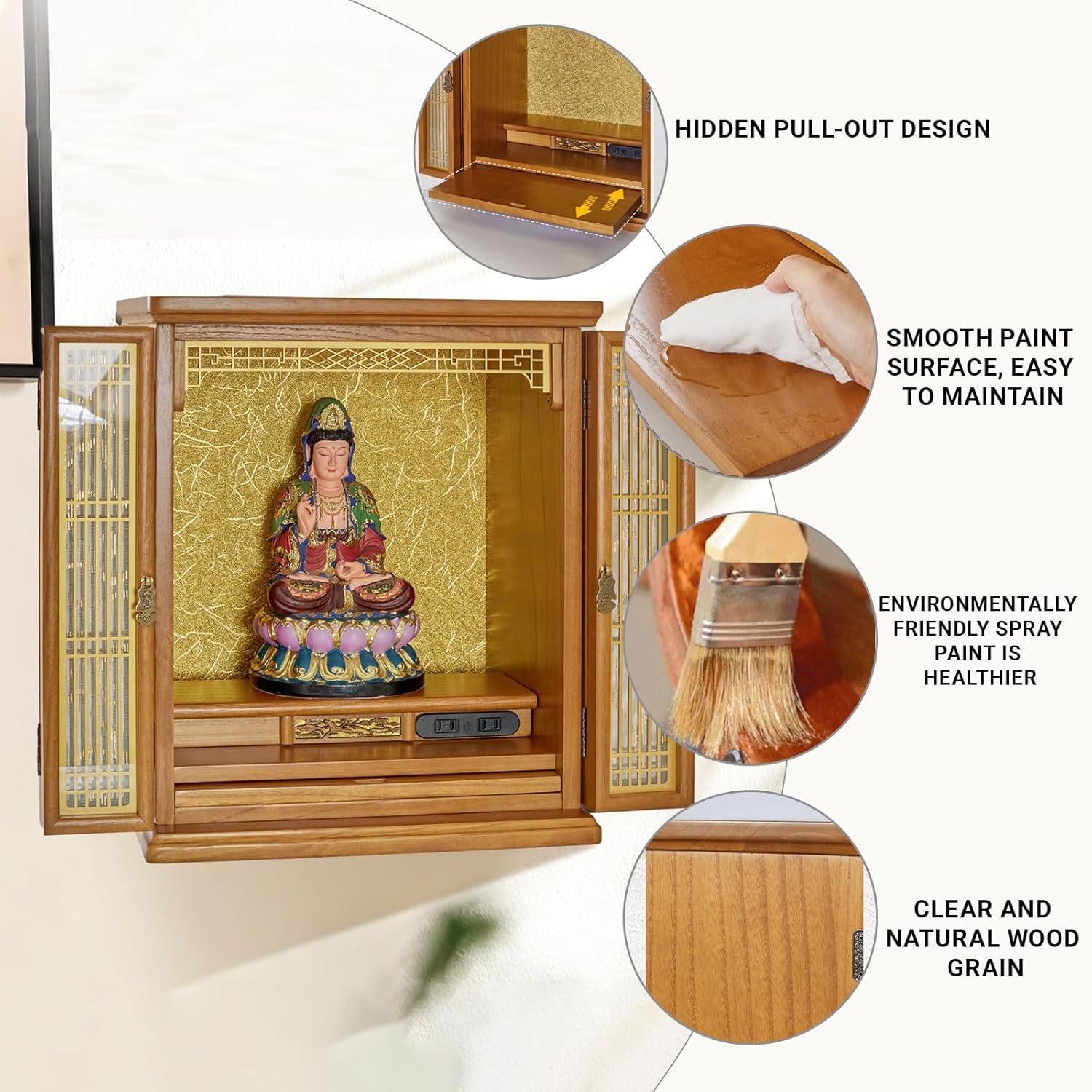 Altar shelf，Household Wood Wall-Mounted Cabinet Personal Shrine Table, Buddha Niche with doors,God Of Wealth Guanyin Statue Display Stand for Pooja and Incense Tribute(Walnut,B)