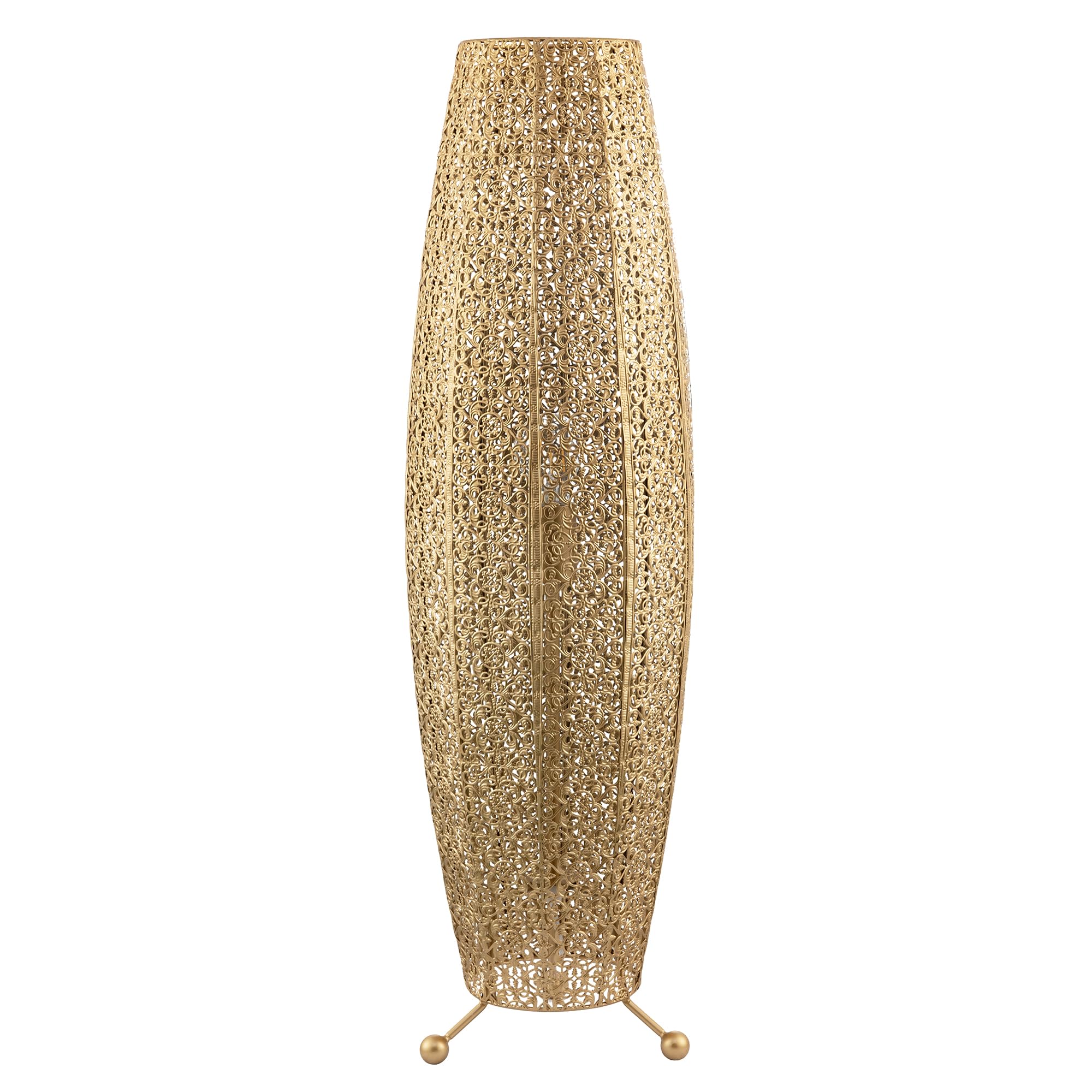 Happy Homewares Traditional and Ornate Floral Moroccan Floor Lamp in Satin Gold with Tripod Metal Feet | 85cm x 30cm | 1 x 11w | Inline Foot Switch Button