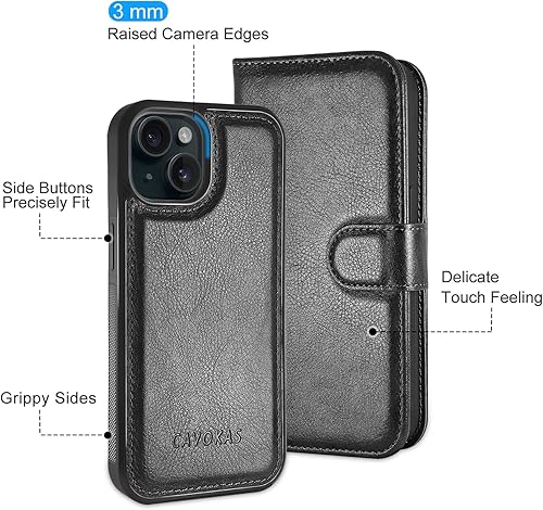 Miniatura 4 de Funda tipo cartera para iPhone 15, funda de cuero desmontable con soporte para tarjetas, fuerte magnética compatible con carga inalámbrica MagSafe,