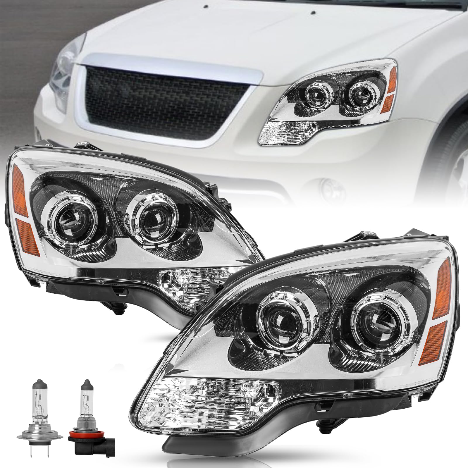For [Halogen Model Only] 2007-2012 GMC Acadia Projector Headlights Assembly with Bulbs Chrome Housing OE Style Headlamps Pair Set Replacement Front Lamps Driver & Passenger Side NOT FIT HID