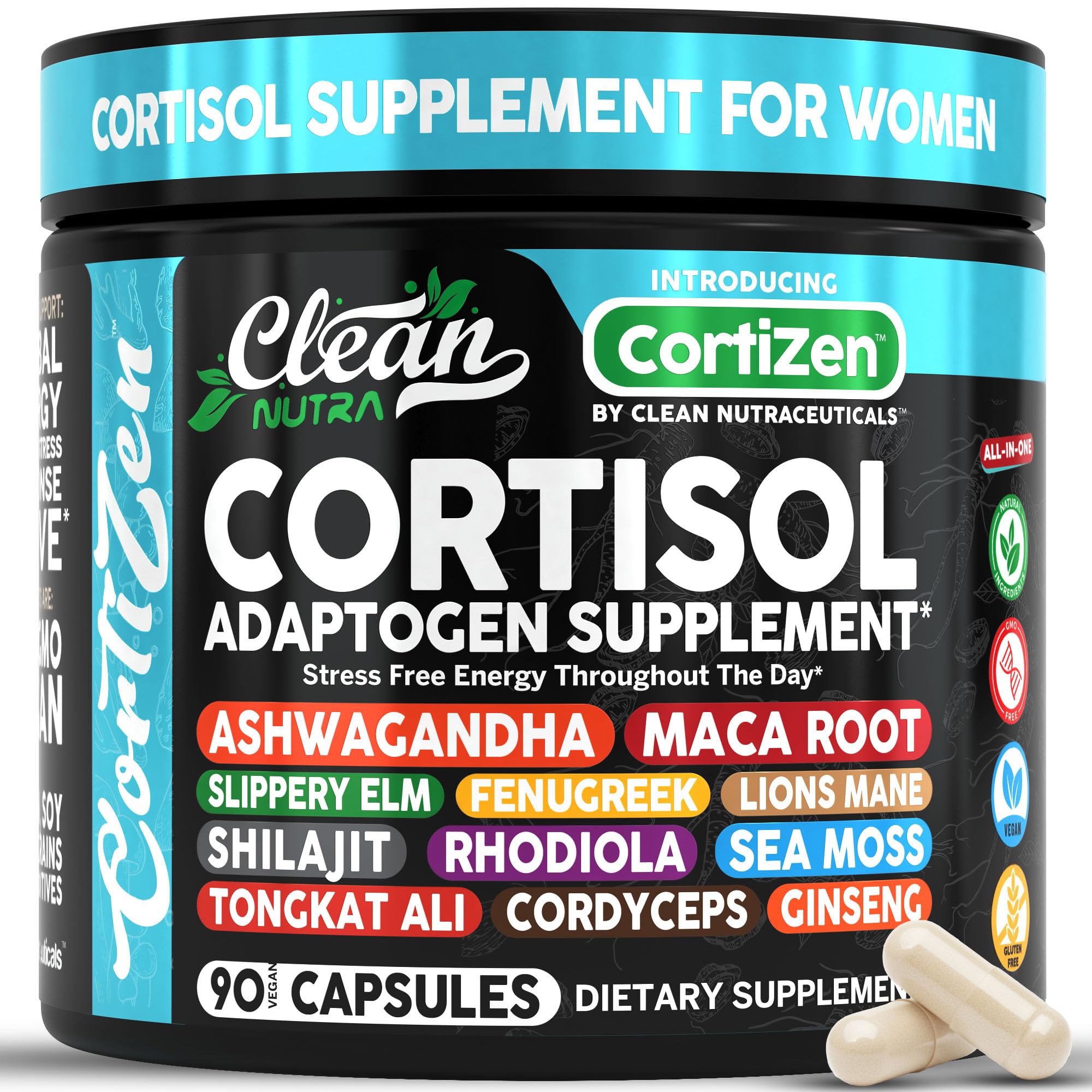 Clean Nutra Cortisol Supplements For Women | Maca Root Ashwagandha Cortisol Detox Manager Reducer + Slippery Elm Fenugreek Lions Mane Shilajit Rhodiola Sea Moss Tongkat Ali Cordyceps Ginseng Beet Root