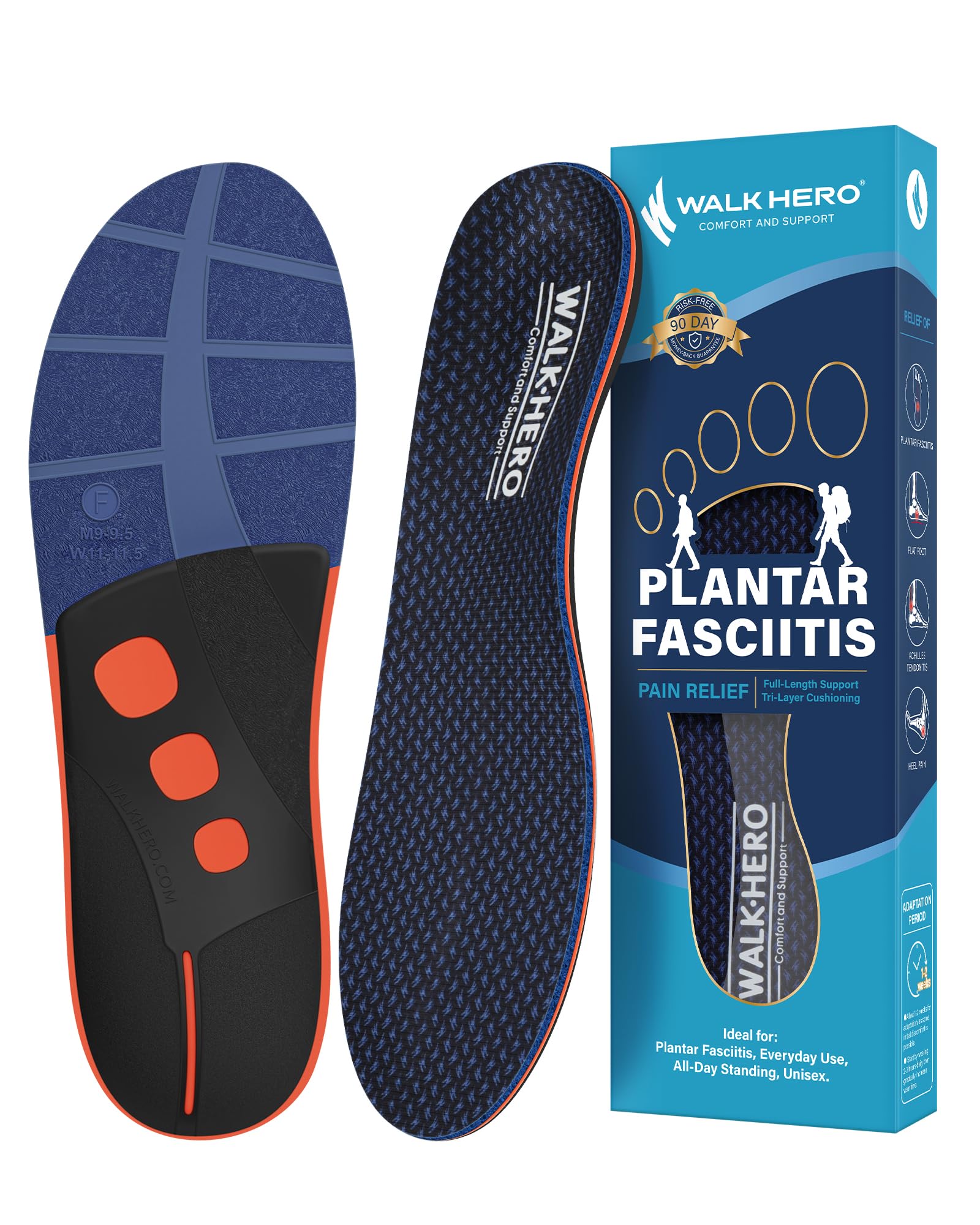 WalkHero Plantar Fasciitis Insoles - Arch Support Inserts for Men Women, Orthotic Inserts for Foot Daily Pain Relief, Reduce Muscle Fatigue Mens 5-5.5 | Womens 7-7.5