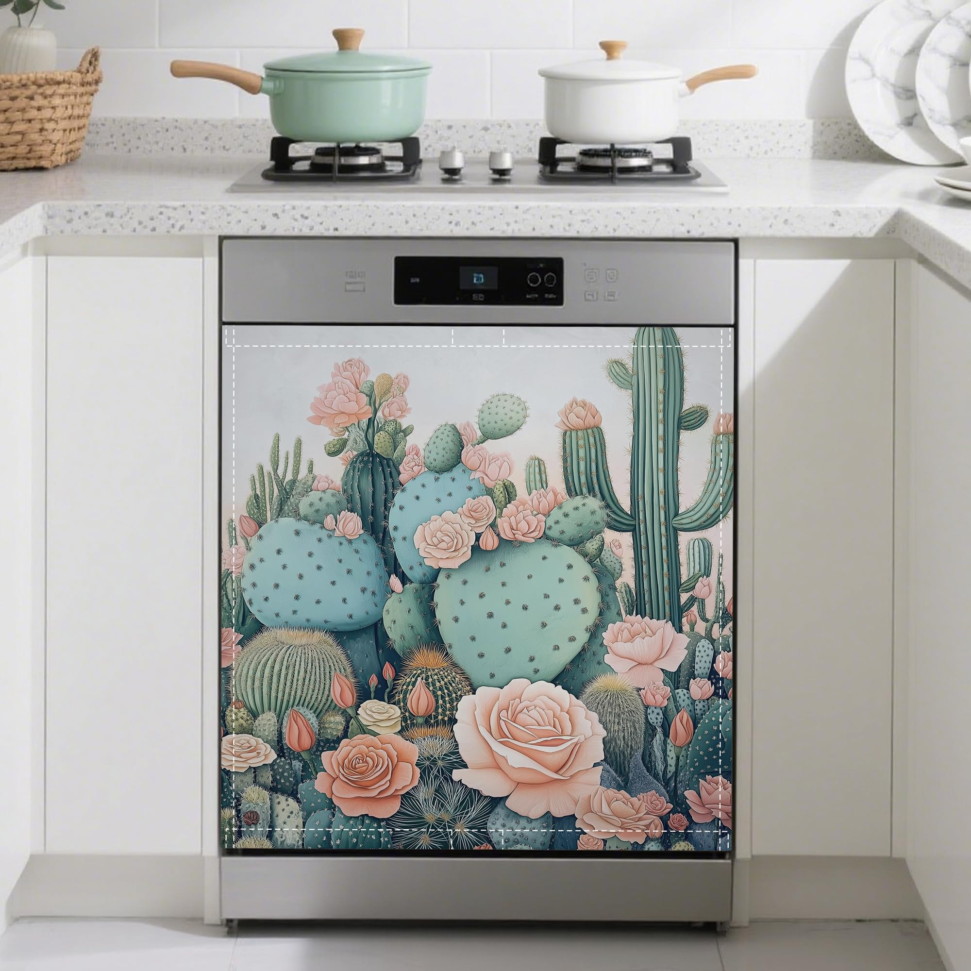 Blooming Cactuses Dishwasher Magnets Decorative Cover,Tropical Magnet Fridge Panel Decal for Home Kitchen Decor,23x26 in