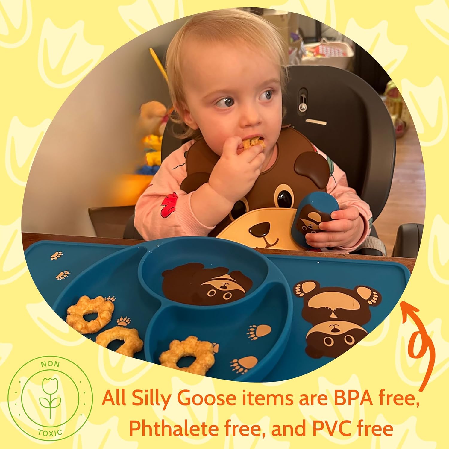 Silly Goose Silicone Baby Feeding Set with Cute Bib, Suction Divided Plate, Open Top Cup, and Travel Placemat, Cute Bear Design, Baby Led Weaning Supplies for Babies and Toddlers, Dishwasher Friendly