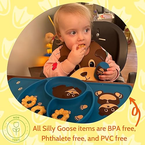Miniatura 5 de Silly Goose Juego de alimentación de bebé de silicona con bonito babero, plato dividido de succión, copa superior abierta y mantel individual de
