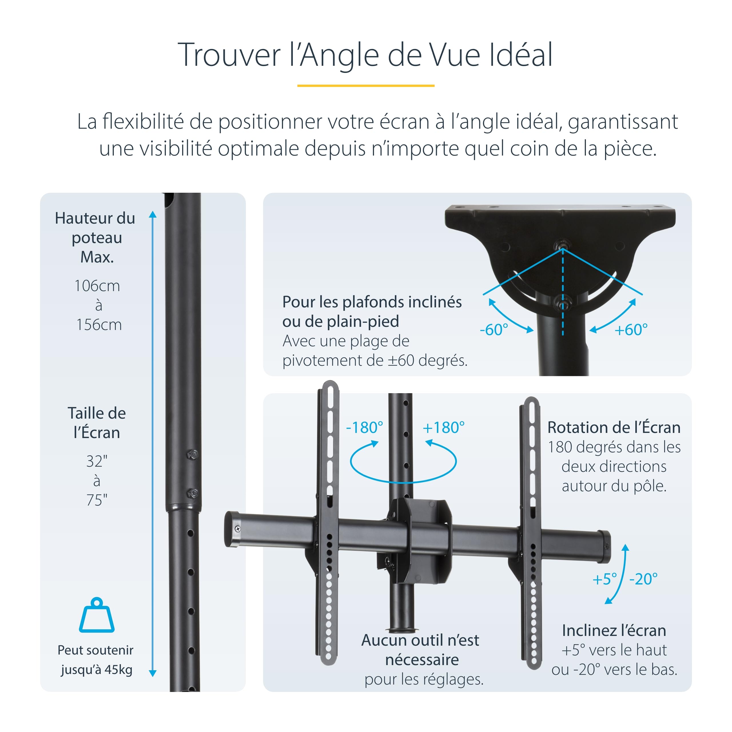 StarTech Support TV Double Plafond 32 à 75 pouces, VESA (FPCEILBTB) | 2 écrans suspendus, Réglable en hauteur, Mât télescopique, Dos à dos, Pivotant