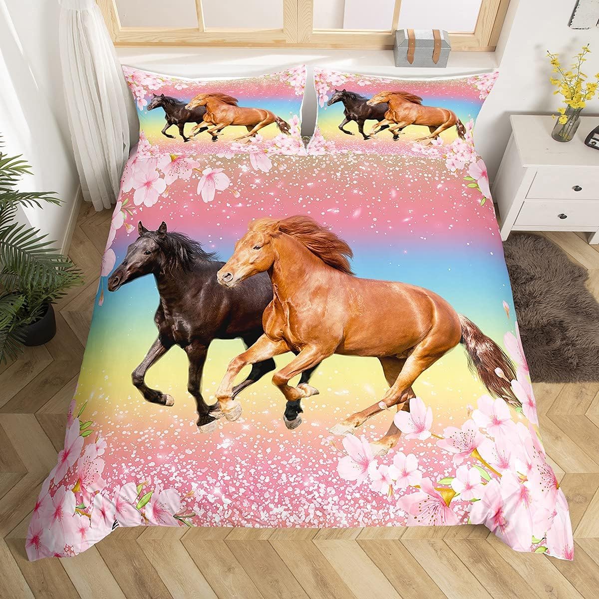 richhome Girls Horse Bedding Set Double Size Kids Horses Pink Floral Duvet Cover Set for Kids Galloping Farm Horse Flower Comforter Cover Set Wild Animal Cherry Blossom Bedding