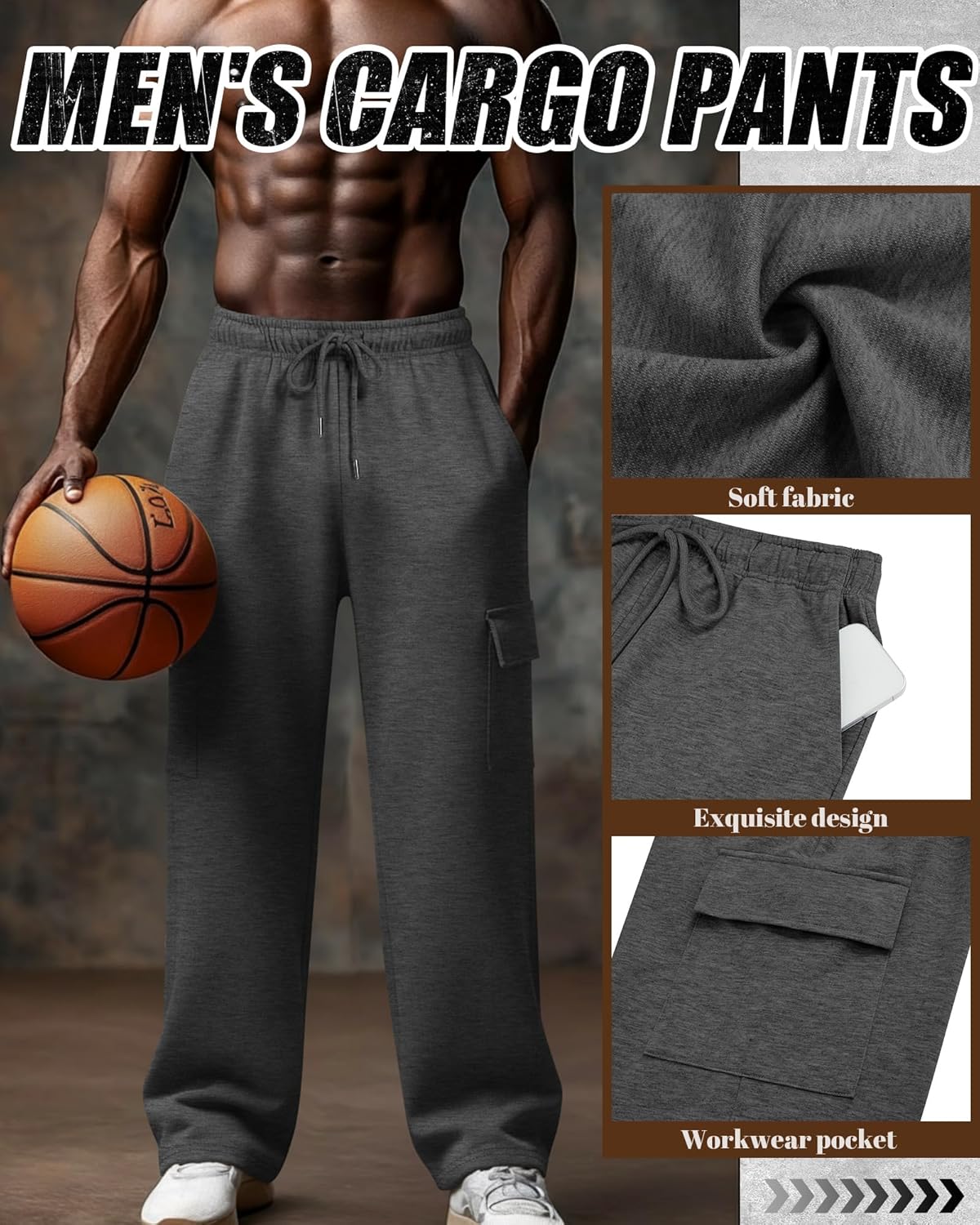 Neer 3 Pack Men's Cargo Sweatpants Athletic Straight Leg Joggers Open Bottom Track Pants Drawstring Lounge Pants with Pockets - Image 4