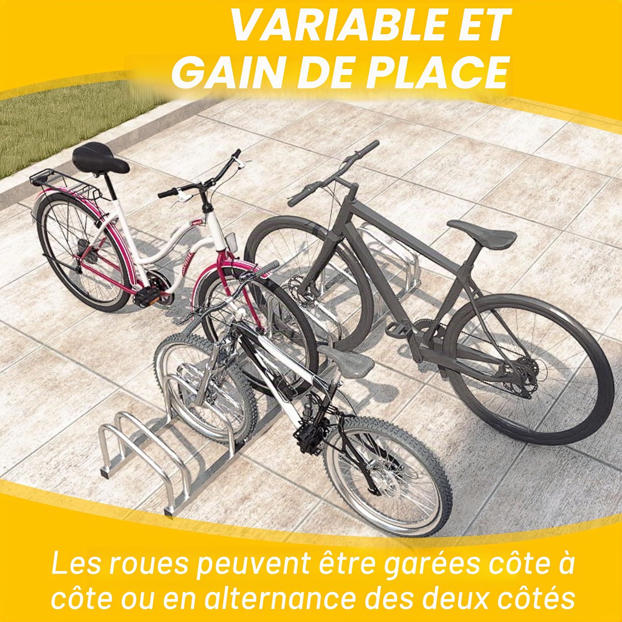FIVMEN Porte-vélos pour 8 vélos Support de vélo Support à poser au sol et au mur Distance entre les roues de 37 cm Galvanisé Support multiple pour largeur de pneu de 30-65 mm VTT Vélo de course VTT