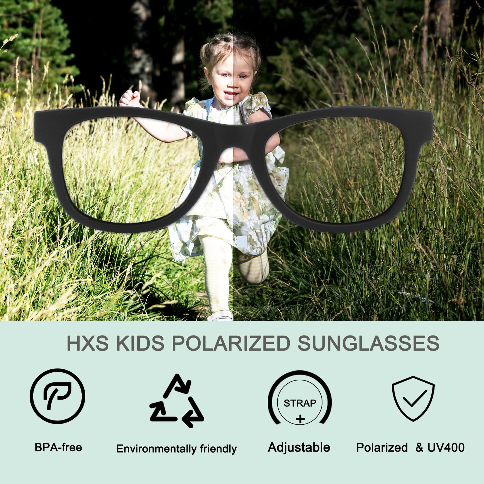 Kleinkind-Sonnenbrille, polarisiert, mit Riemen, für 2–8 Jahre, Mädchen, Jungen, Baby-Brille, UV-Schutz, Schwarz/Grau + Grün/Grau, Größe M, 2 Stück