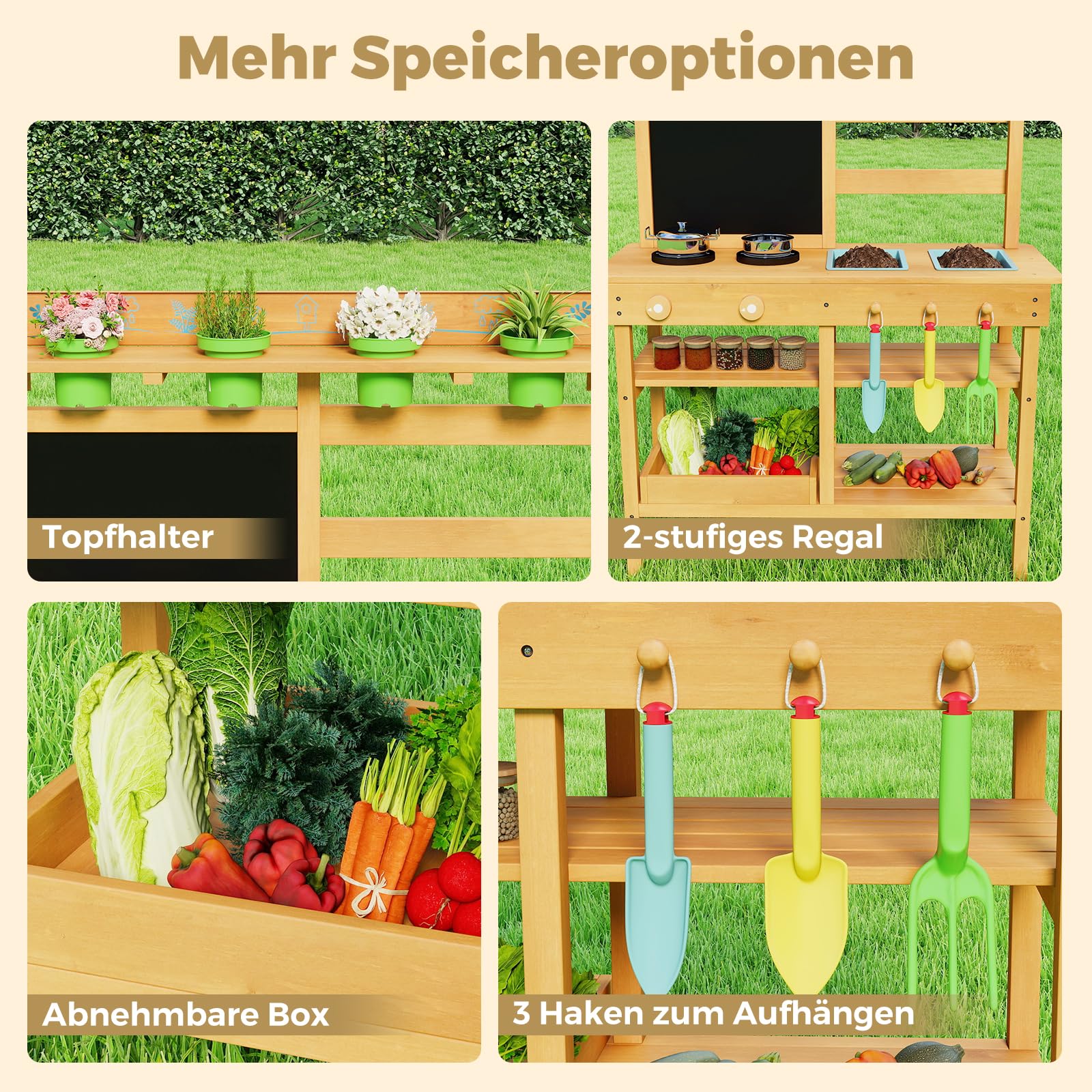 COSTWAY Matschküche Kinder Outdoor, Kinderküche mit Tafel, Wasserhahn, Spülen, Blumentöpfen & Gartenzubehör, Garten Spielküche Holz, Outdoorküche für Kinder ab 3 Jahren