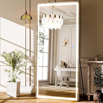 GLSLAND 65"x26" LED Mirror Full Length, Aluminum Alloy Floor Mirrors with Lights, 3 Color Lighting & Dimming for Bedroom Decorative Wall Mounted, White