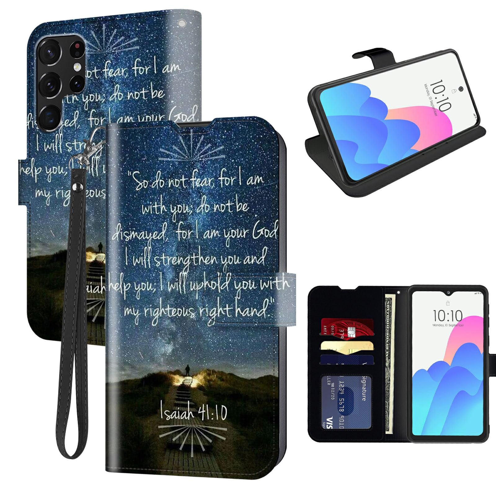 FUYOCWE for Samsung S23 Ultra Case Wallet for Galaxy S23 Ultra 5G Phone Case with Card Holder,PU Leather Folding Kickstand Magnetic Snap Flip Cover Case w/Wrist Strap-Bible Verse Isaiah 41:10
