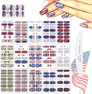 WOKOTO 16 Pcs Independence Day Nail Strips Polish Stickers Fourth of July Self Adhesive Nail Stickers Wraps for Nails Set with 1 Pc Nail File 14 Tips Per Sheet Manicure Strips