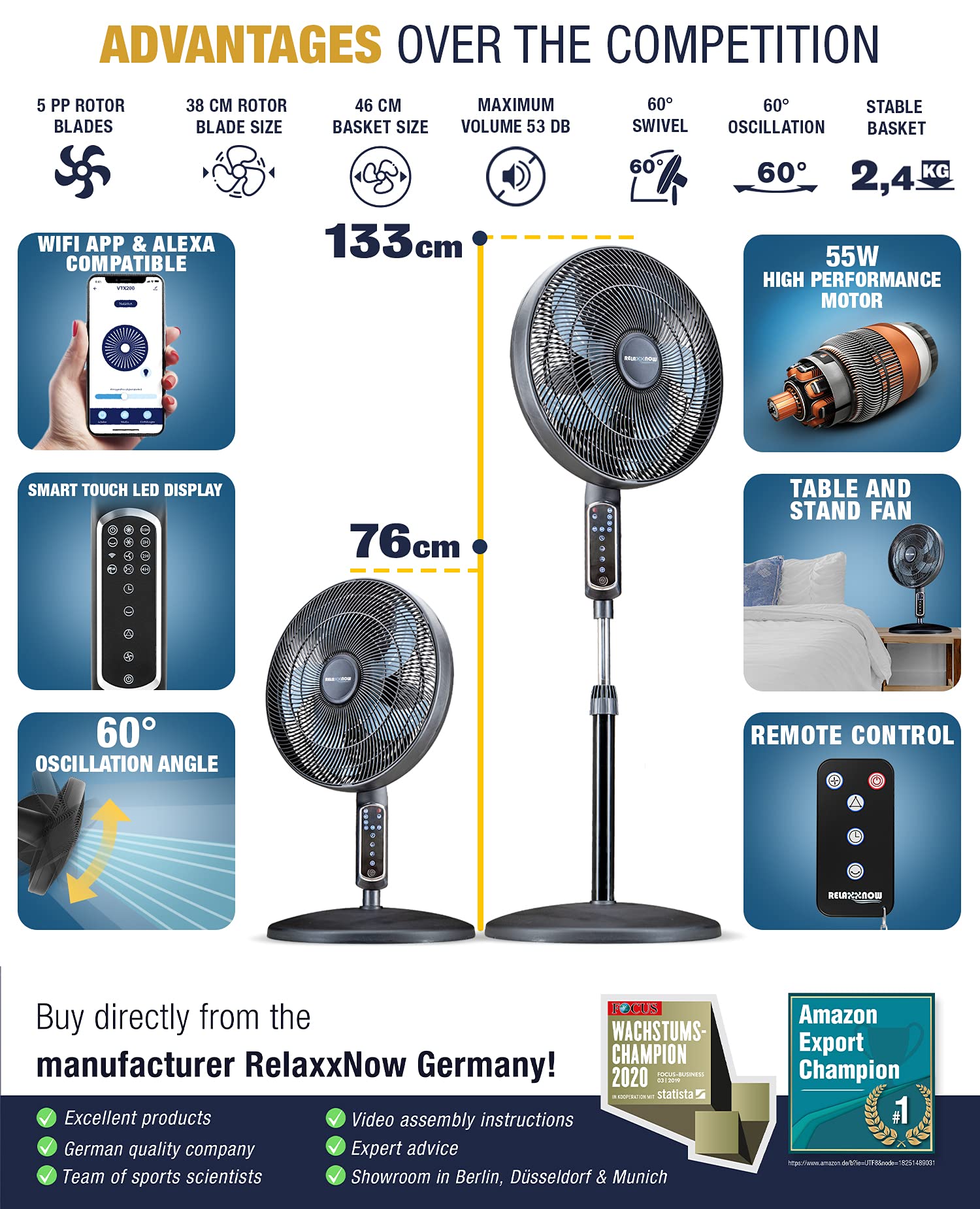 RelaxxNow 2in1 Pedestal Fan 55 W Extremely Quiet 43 dB LED Touch