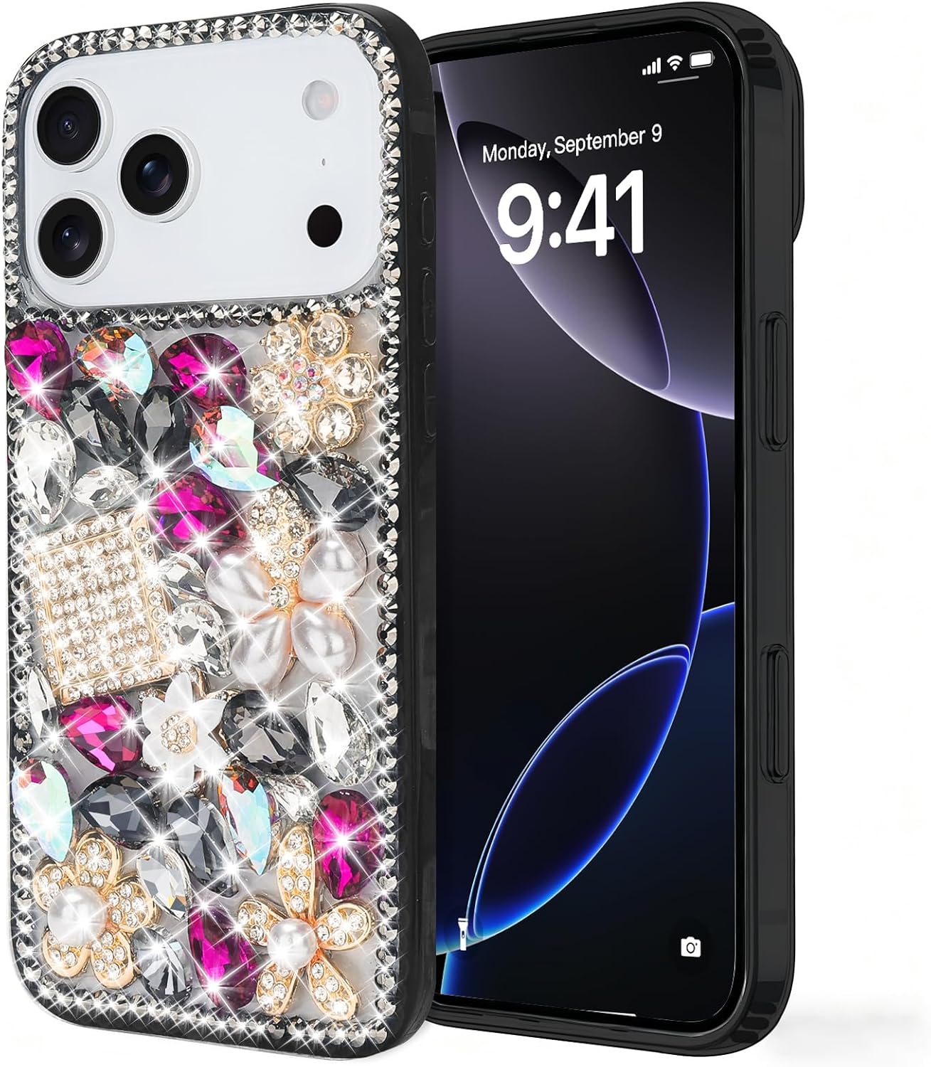 Losin Compatible with iPhone 17 Pro Bling Case for Women Girls Cute Luxury 3D Glitter Diamond Crystal Rhinestone Sparkle Shiny Gemstone Perfume Bottle and Flower Cover Soft TPU Bumper, Black