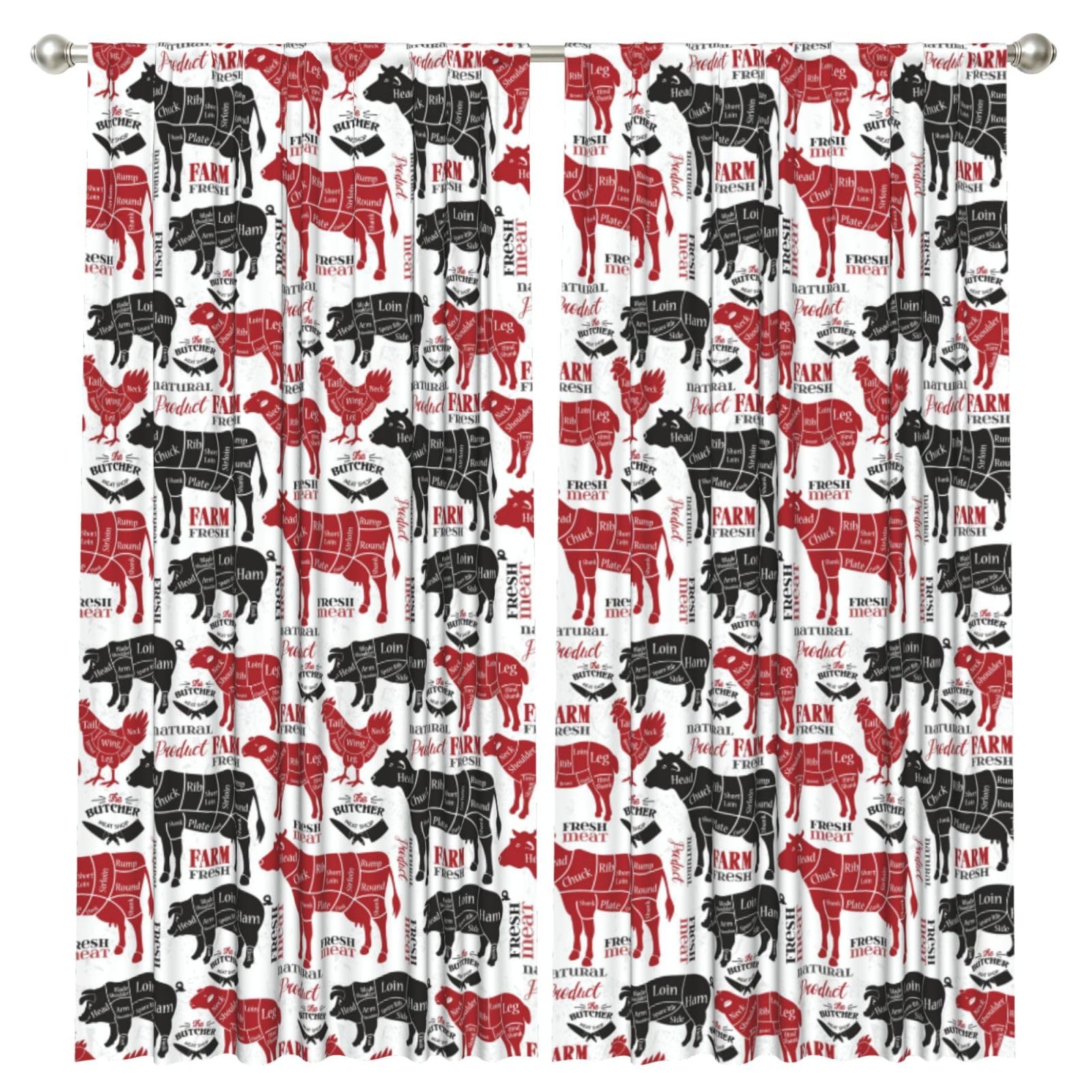InOmak Meat Cuts Diagrams Butcher Shop, 2 Panels Window Curtains 52 x 84 Inch Blackout Curtains for Living Room Bedroom