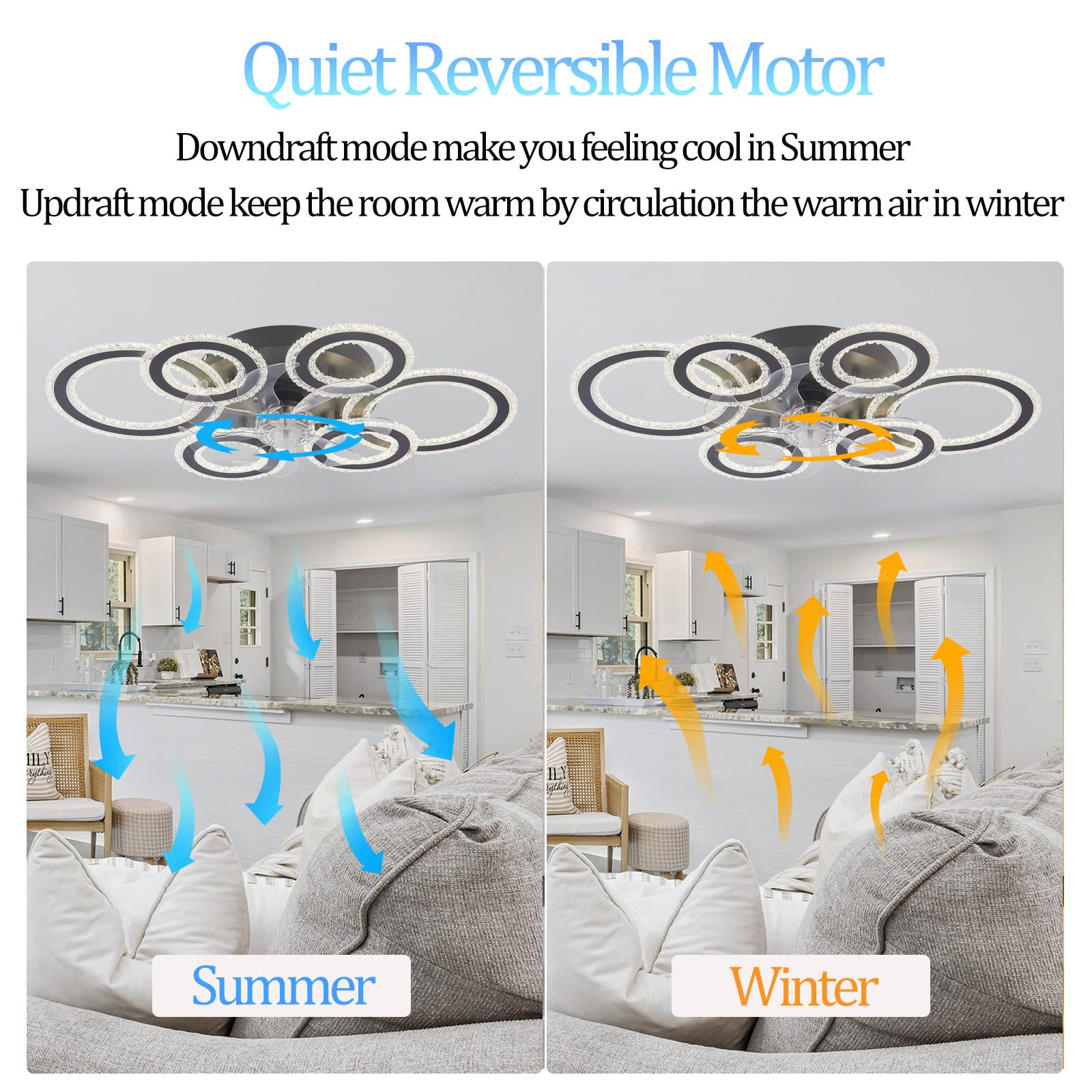 Plafondventilator met licht, 76 cm plafondventilator met licht, dunne plafondventilator met 6 snelheden, dimbare led-ventilatorkroonluchter voor woonkamer, slaapkamer, omkeerbaar in de zomer en
