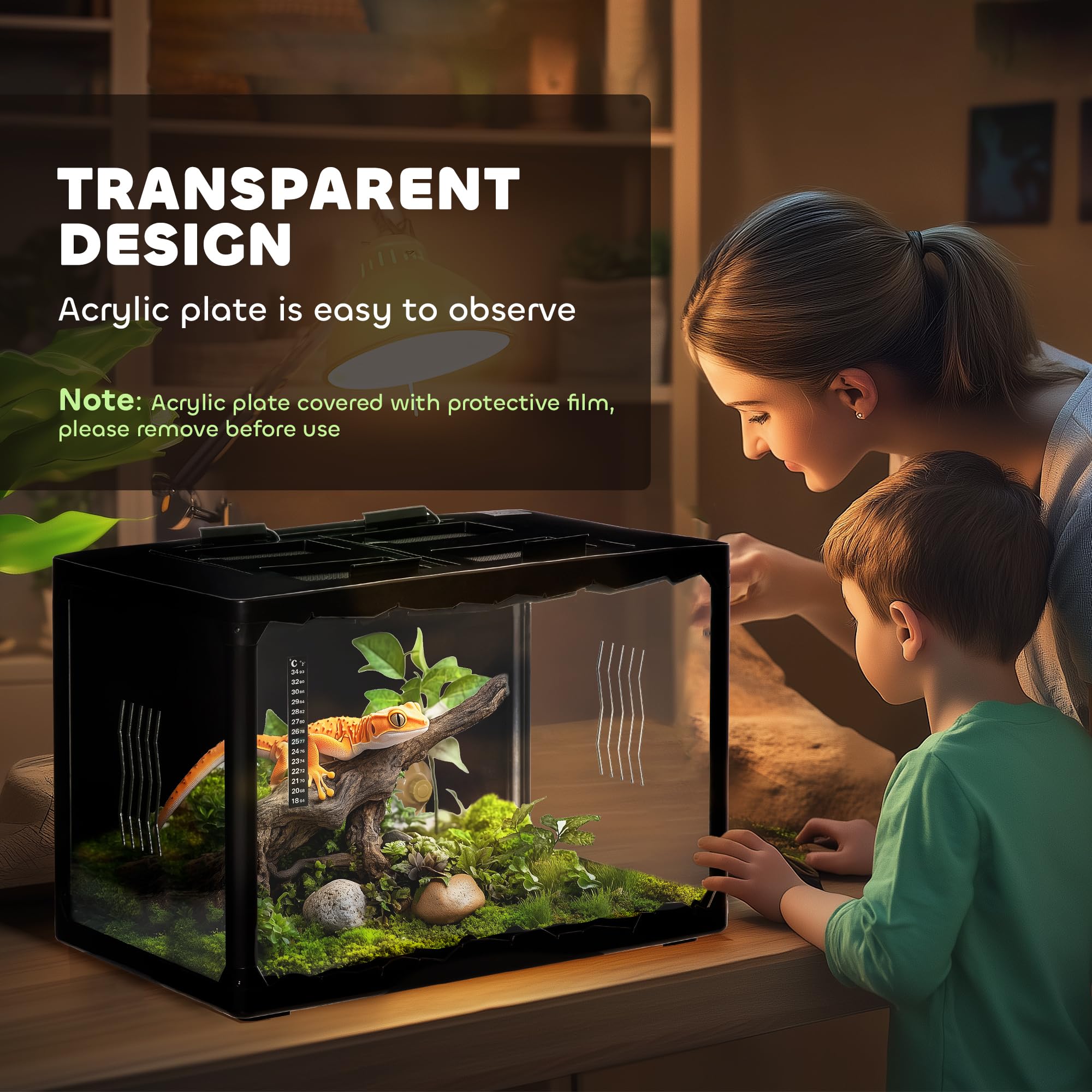 PawHut Terrarium für Landschildkröten, Chamäleon, Leguan, Gecko und Reptilien mit Thermometer 18-34℃, 60x40x40,5cm, Schwarz