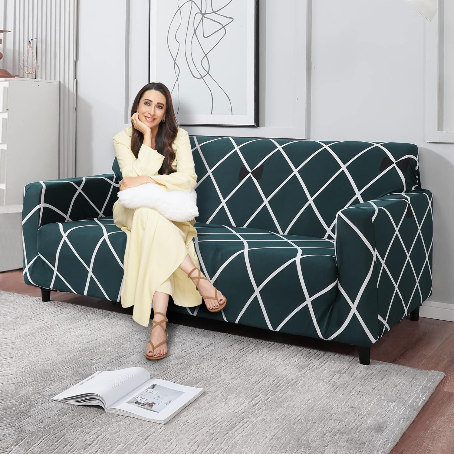 HOKIPO Sofa Cover 3 Seater Fully Covered, Teal Diamond