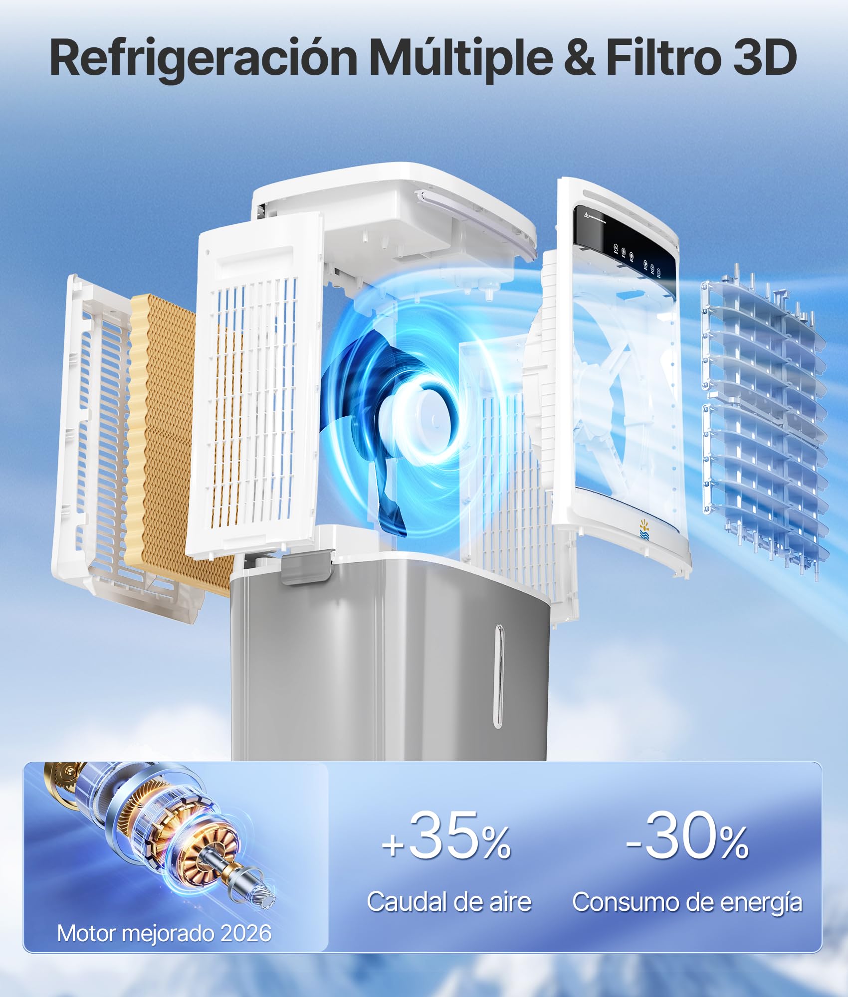 Enfriador de Aire Portátil 25L con Agua - Alternativa al Aire Acondicionado Portatil, Climatizador Evaporativo Portátil Oscilación 80°, Mando, Temporizador 12H, Blanco