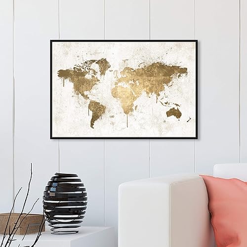 Miniatura 3 de The Oliver Gal Artist Co. Mapamundi - Lienzo enmarcado para pared, diseño de mapamundi de oro blanco