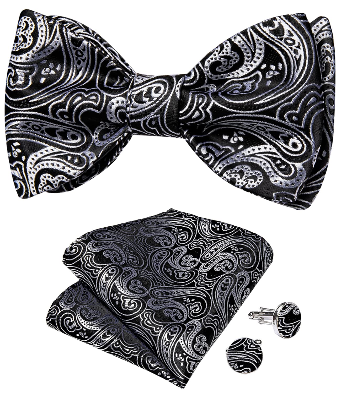 DiBanGu Men Bow Tie Paisley Striped Self-Bow Tie for Men and Silk Woven Bowtie Pocket Square Cufflinks Wedding Party