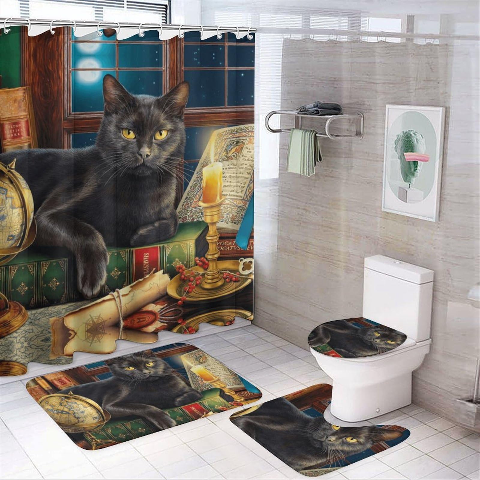 CGSBNGHA Black Cat Shower Curtain Set 4 Piece Bathroom Sets with Rugs Toilet Lid Cover And U-Shaped Floor Mat