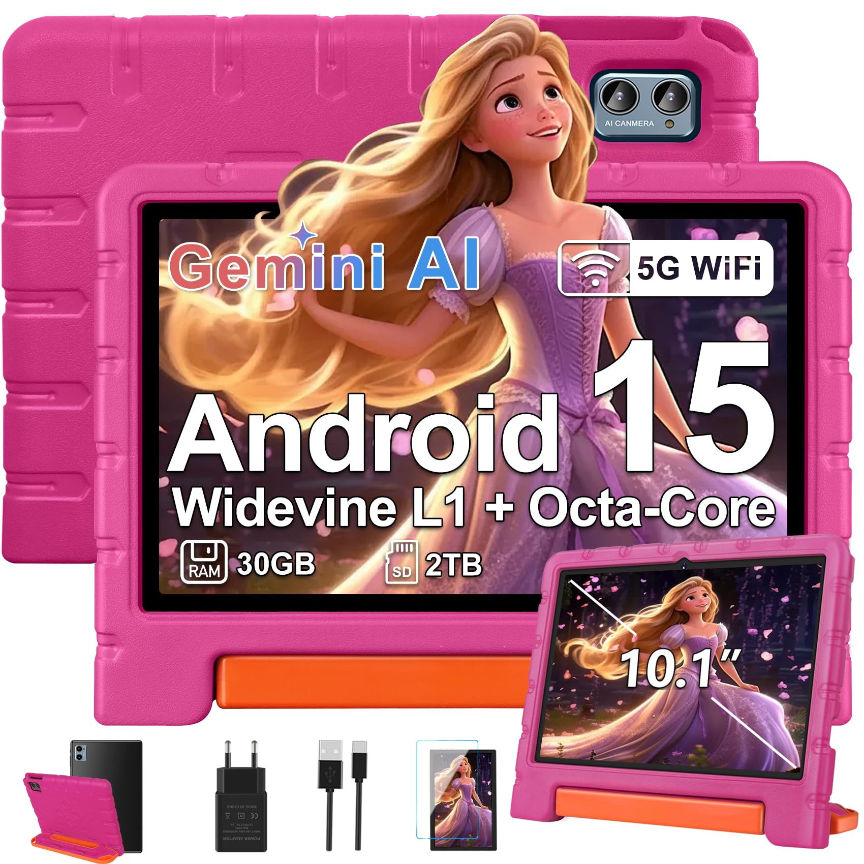 ZIOVO Tablet Bambini 10 Pollici Tablets Android 15, 30GB RAM+64GB ROM(TF 2TB), 5G WiFi Tablets,Gemini AI/Octa-Core/Widevine L1/Face ID/Parentale Controllo/6000 mAh/BT 5.0, Tablet con Eva Caso - Rosa