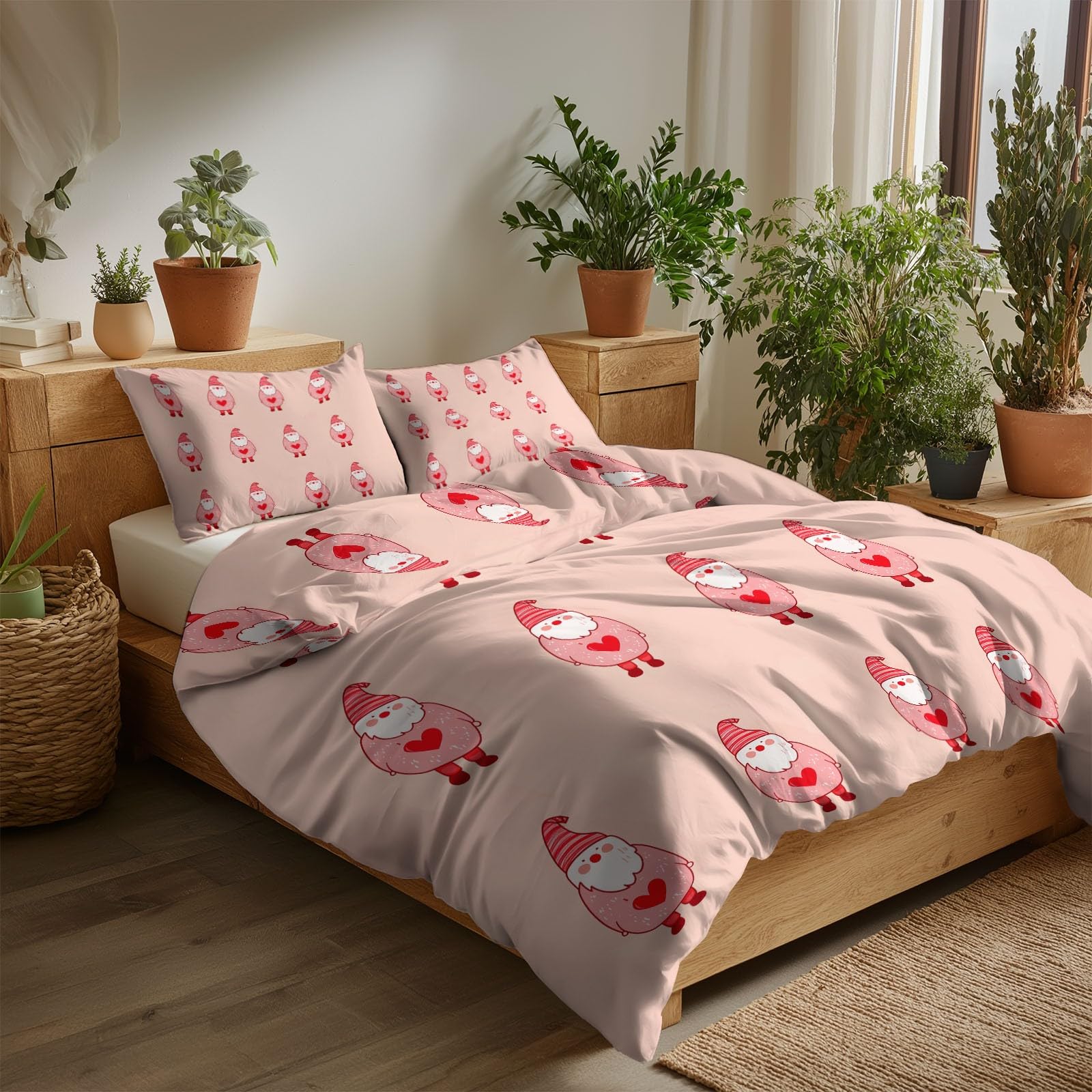 Generico Święty Mikołaj z kreskówek 3-częściowy zestaw poszewek na kołdrę z nadrukiem, 1 x poszwa na kołdrę 220 x 240 cm i 2 x poszewki na poduszki 50 x 80 cm, jasnoróżowa miękka pościel z mikrofibry