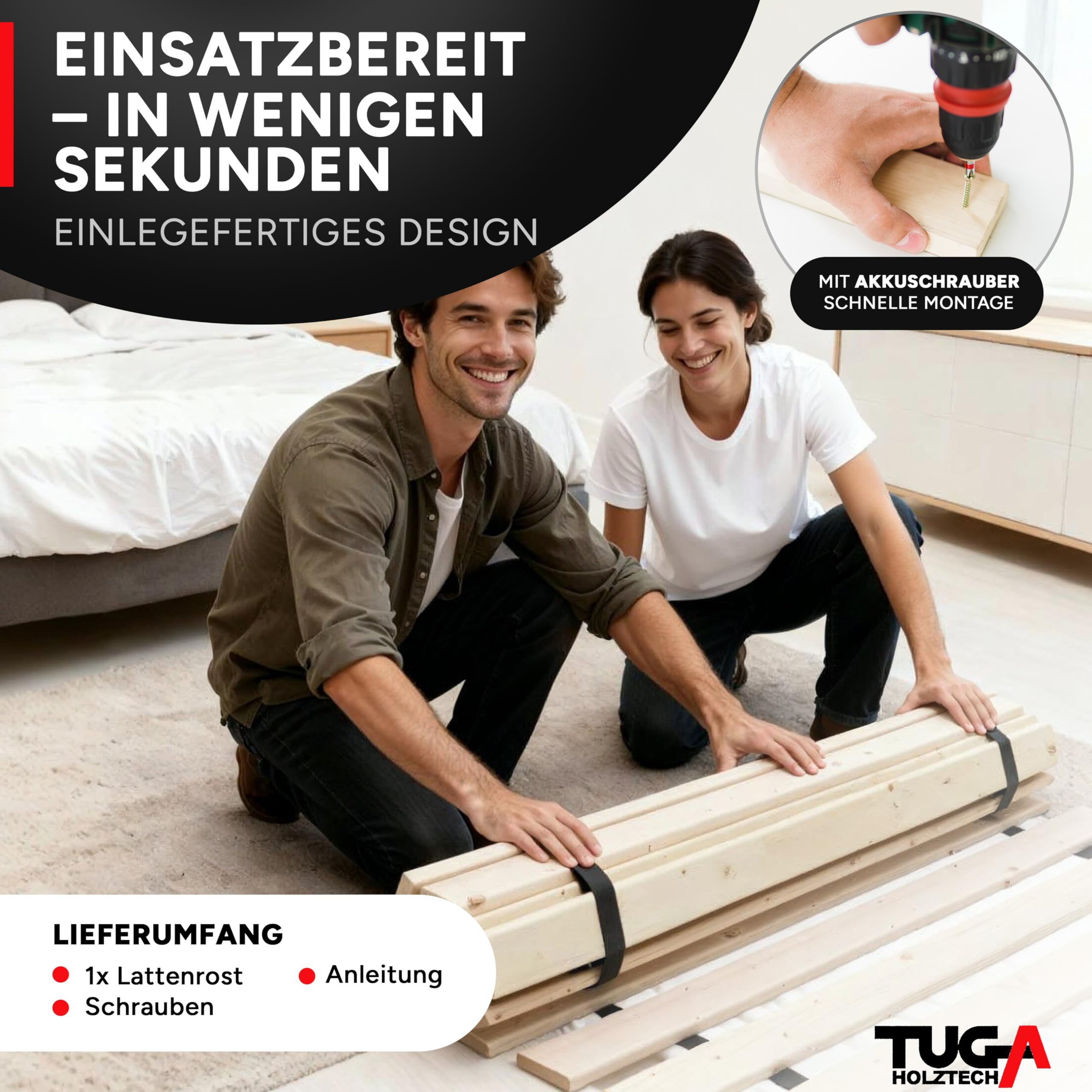 TUGA - Holztech Rollrost 180 x 200 cm 20mm 300kg Lattenrost Rolllattenrost Stabiler Bettrost Qualität aus Deutschland