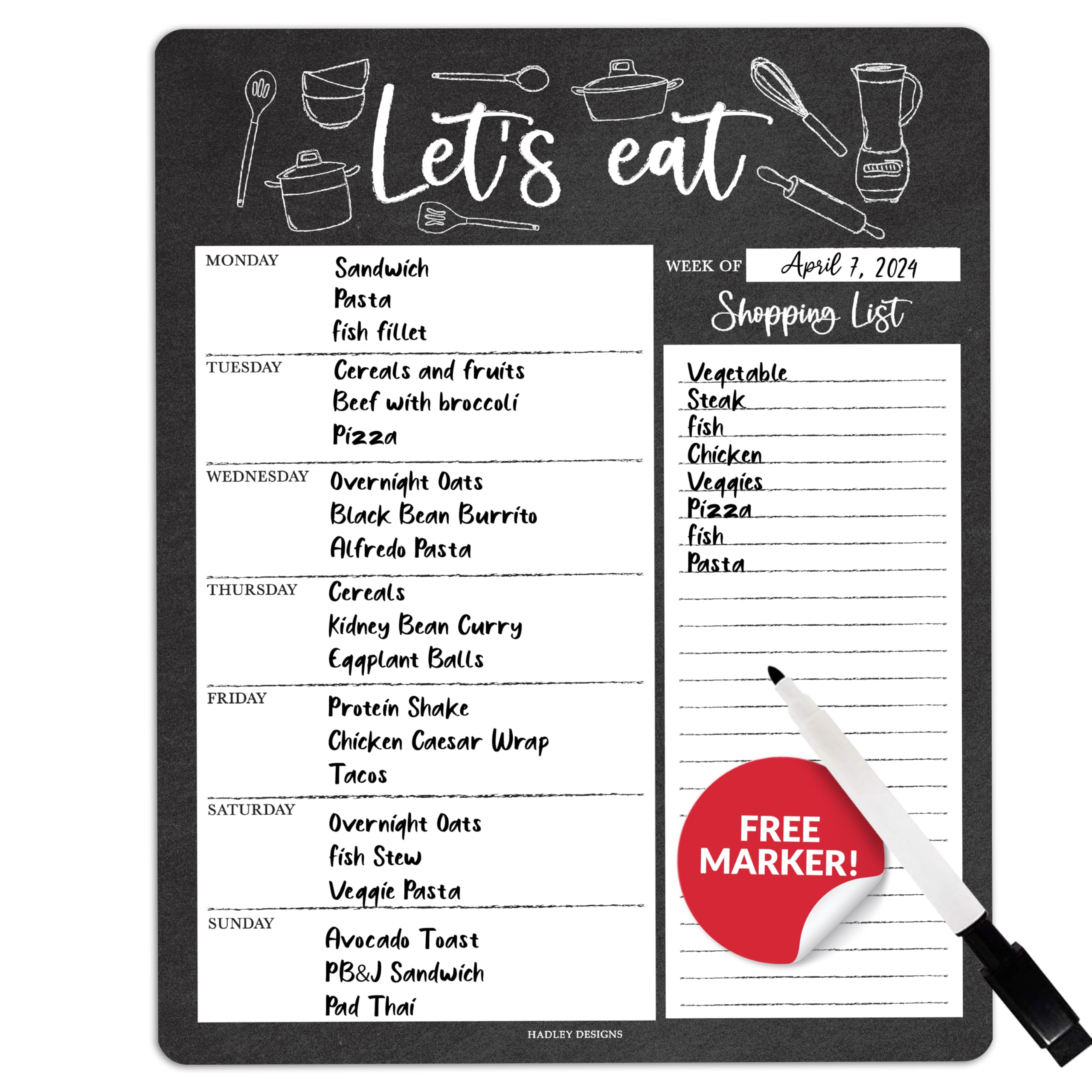 Hadley Designs Chalkboard Weekly Dinner Menu Board For Kitchen-Magnetic Meal Planner For Refrigerator, Dry Erase Board Menu Planner