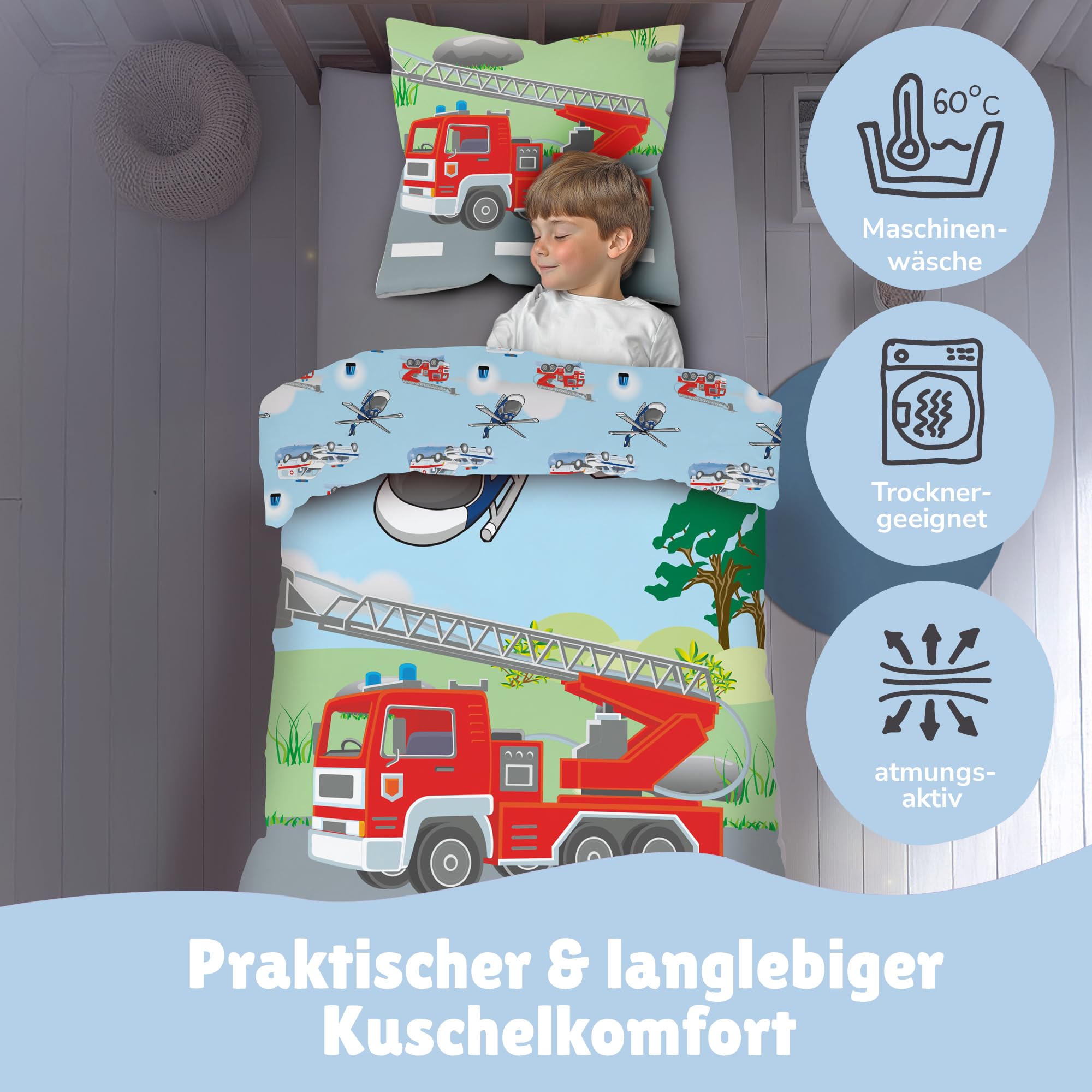 Familando – Polizei & Feuerwehr Bettwäsche-Set (2-teilig) – Decken- & Kissenbezug 135x200 cm & 80x80 cm mit Reißverschluss – 100% Baumwolle – Wendemotiv – Hautfreundlich & atmungsaktiv - Öko-TEX