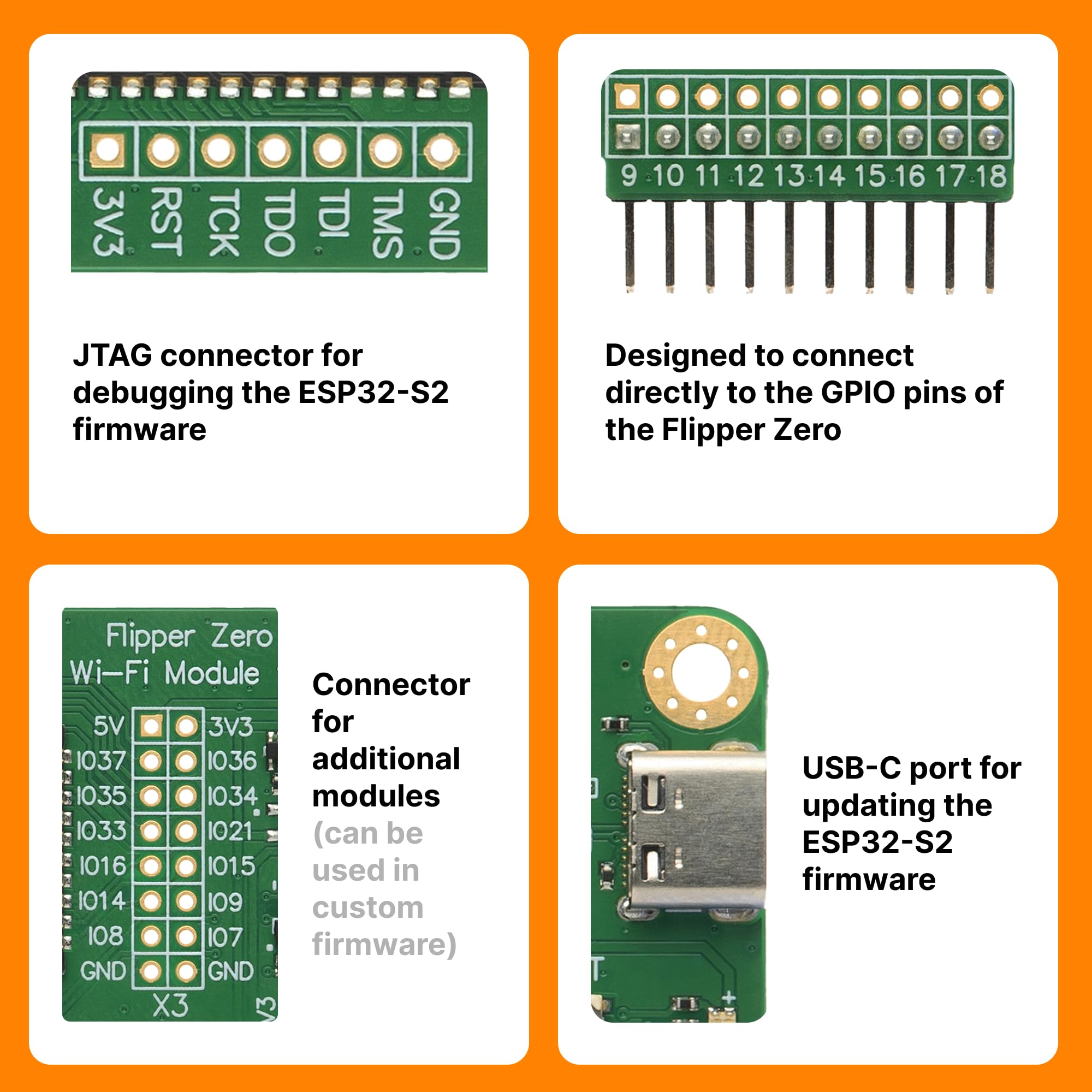 Placa de Desarrollo Wi-Fi para Flipper Zero – módulo de Desarrollo inalámbrico ESP32-S2 con USB-C y GPIO